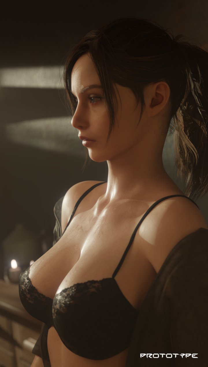 1girls, 3d, bra, brown hair, busty, capcom, claire redfield, claire redfield (jordan mcewen), female, hourglass figure, long hair, prototype (artist), resident evil, resident evil 2, resident evil 2 remake, solo, tagme, upper body