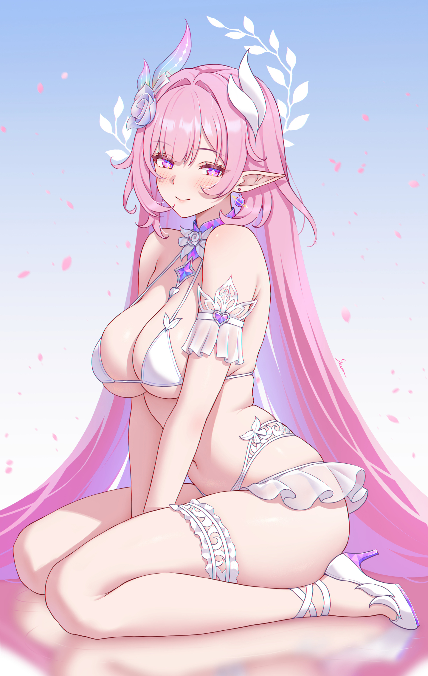 1girls, breasts, cyrene (honkai: star rail), cyrene (ripples of past reverie) (honkai: star rail), demiurge (honkai: star rail), exposed breasts, honkai: star rail, lingerie, long hair, pink hair, purple eyes, secon, very long hair, white lingerie