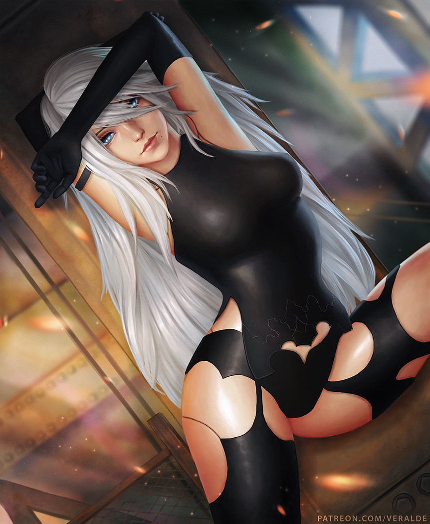 breasts cleavage female female_only looking_at_viewer nier nier:_automata panties shiny solo veralde yorha_a2