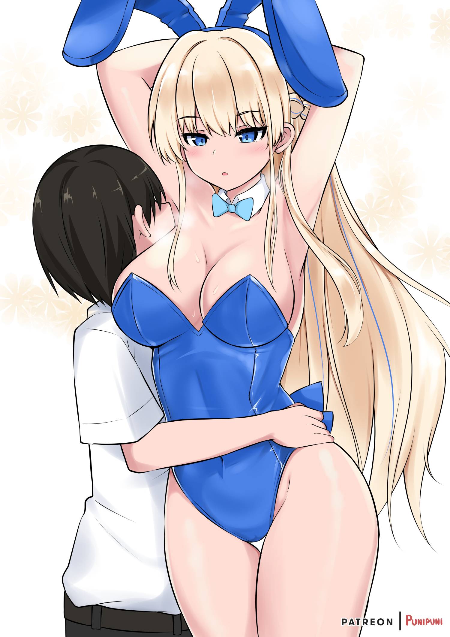 :o, 1boy, 1boy1girl, 1girls, 2d, 2d (artwork), 2d artwork, arm behind head, armpit, armpit crease, armpit peek, armpits, arms behind head, arms up, bare armpits, bare chest, bare hips, bare legs, bare shoulders, bare skin, bare thighs, belly, belly button, bewitching thighs, big breasts, black hair, black-haired male, blonde eyebrows, blonde female, blonde hair, blonde hair female, blonde-haired female, blue archive, blue bowtie, blue bunny ears, blue bunnysuit, blue eyes, blue hairband, blue leotard, blue topwear, blue-eyed female, blush, blush face, blushing at another, blushing at partner, blushing female, bowtie, braid, braided hair, braids, breasts, bunny ears, bunnygirl, bunnygirl outfit, bunnysuit, busty, busty female, busty girl, busty teen, catstudioinc (punepuni), child bearing hips, cleavage, collar, collarbone, curvaceous, curvaceous body, curvaceous female, curvaceous figure, curvaceous hips, curvaceous teen, curvaceous thighs, curvy, curvy body, curvy female, curvy figure, curvy hips, curvy teen, curvy thighs, digital, digital art, digital drawing, digital drawing (artwork), digital media, digital media (artwork), elbows, exposed armpits, exposed chest, exposed hips, exposed legs, exposed shoulders, exposed skin, exposed thighs, eyebrows visible through hair, female, female focus, fertile hips, groin, hair between eyes, hairless armpits, half up braid, hand behind head, hands behind head, hands up, high resolution, high school student, highres, hourglass figure, hugging, hugging another, hugging partner, inguinal crease, inguinal ligament, large boobs, large breasts, lean figure, leotard, linea alba, long hair, male, narrow waist, navel, open mouth, parted lips, plump breasts, posing, school girl, shaved armpits, shoulders, simple background, slender body, slender waist, slim waist, standing, stomach, straight, teen girl, teenage girl, teenage tits, teenager, thick thighs, thigh gap, thighs, toki (blue archive), toki (bunny) (blue archive), topwear, upper body, white background, white collar, wide hips, young female, young woman