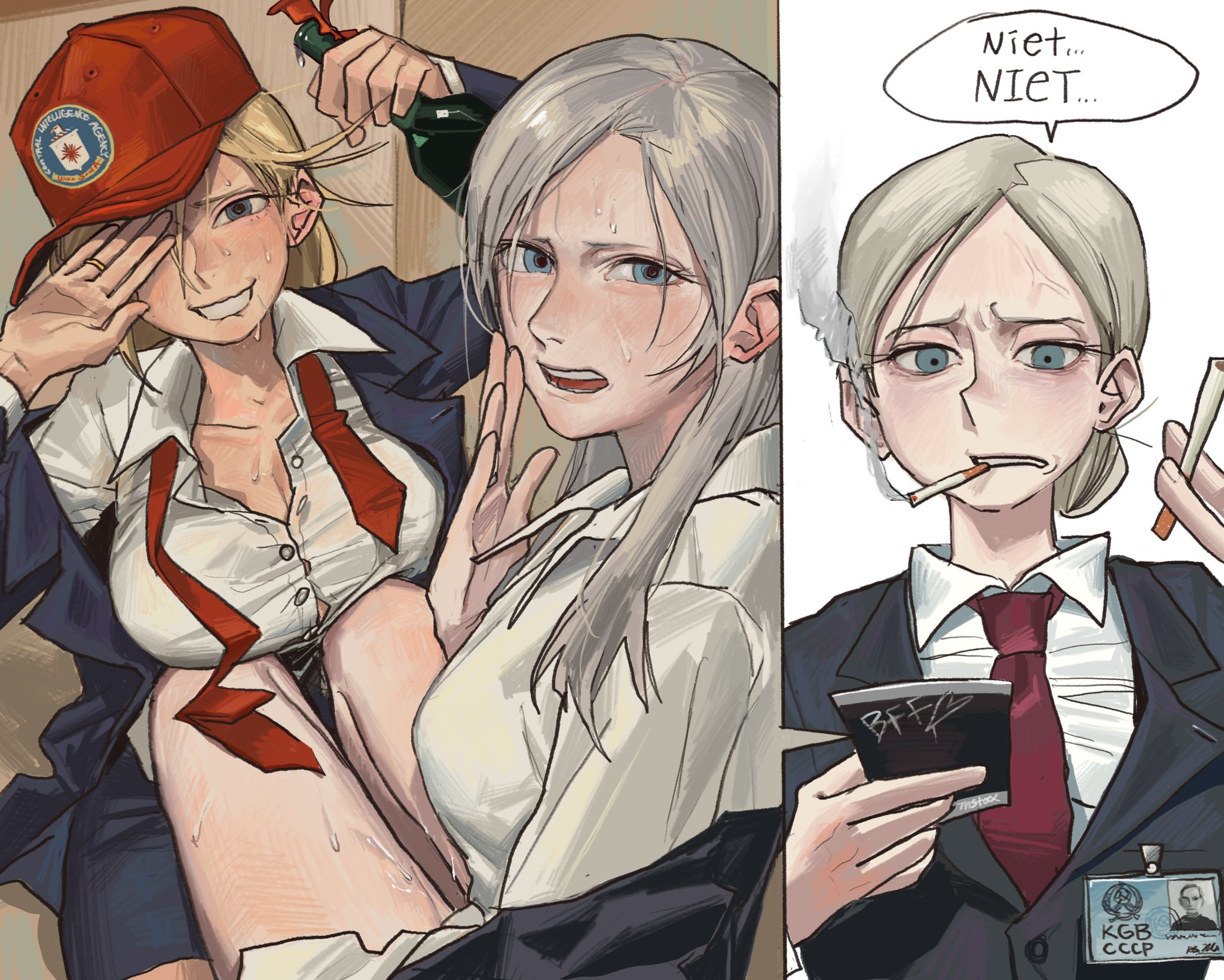 3girls, after blowjob, bill clinton, bottle, cap, caught, caught in the act, disappointed, disappointed look, disgusted, disgusted expression, donald trump, female, female focus, female on female, female only, genderbent, girl, girl on girl, girls only, implied, implied blowjob, kgb, lesbian, lesbian focus, munchen672, nervous expression, nervous smile, nervous sweat, pants down, pants removed, politician, politics, president, real person, real person fiction, rule 63, rule63, russian text, saliva on legs, saliva on thigh, saliva trail, suit and tie, sweatdrop, text, tie, vladimir putin, yuri