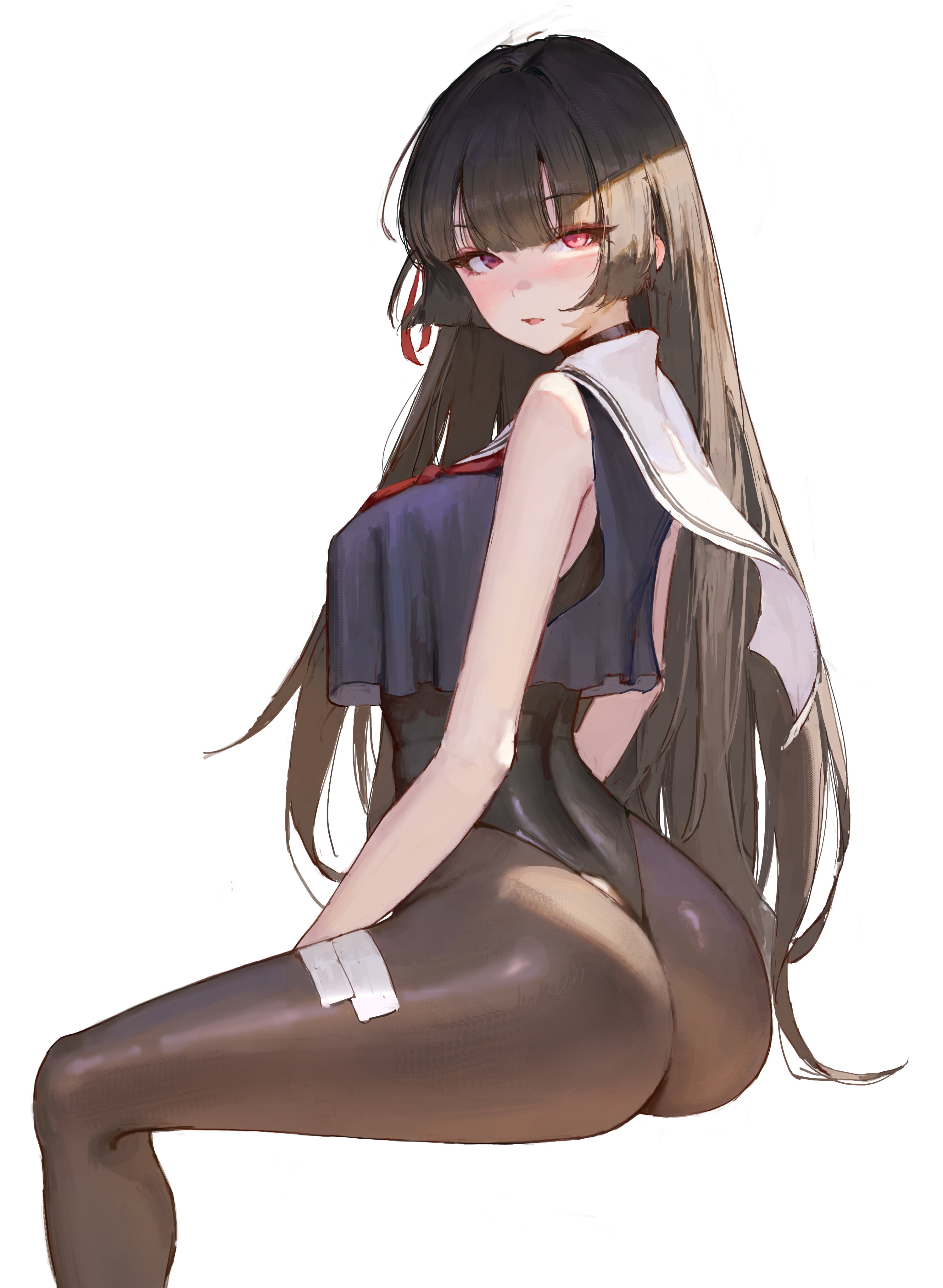 1girls, ass, ass focus, black hair, bunnysuit, chisa (wuthering waves), long hair, pantyhose, red eyes, seifuku, tights, wuthering waves