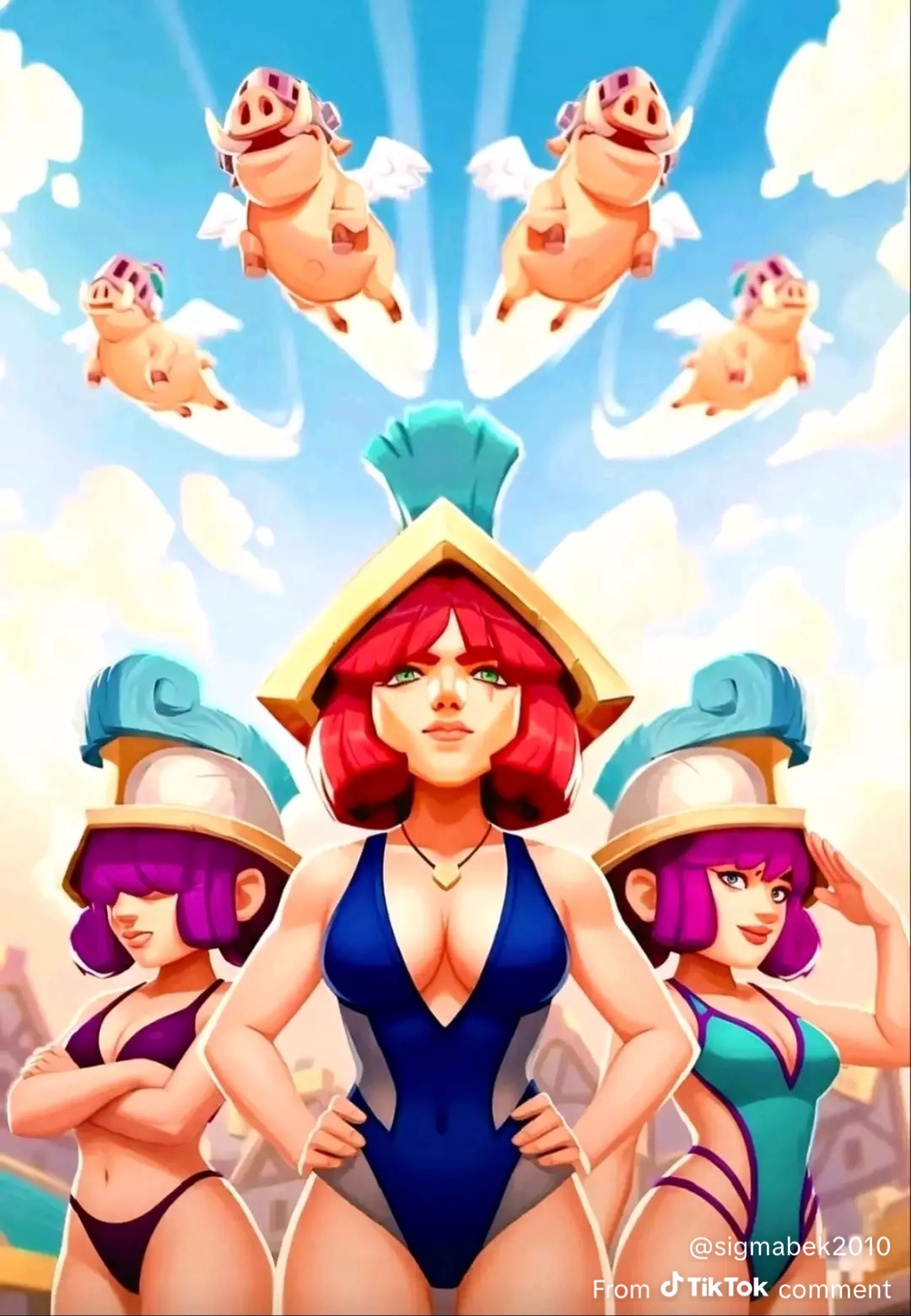 bikini, clash (series), clash royale, curvy figure, green eyes, hot, mommy, purple hair, red hair, sexy, sexy body, swimsuit, thighs, three musketeers (clash royale)