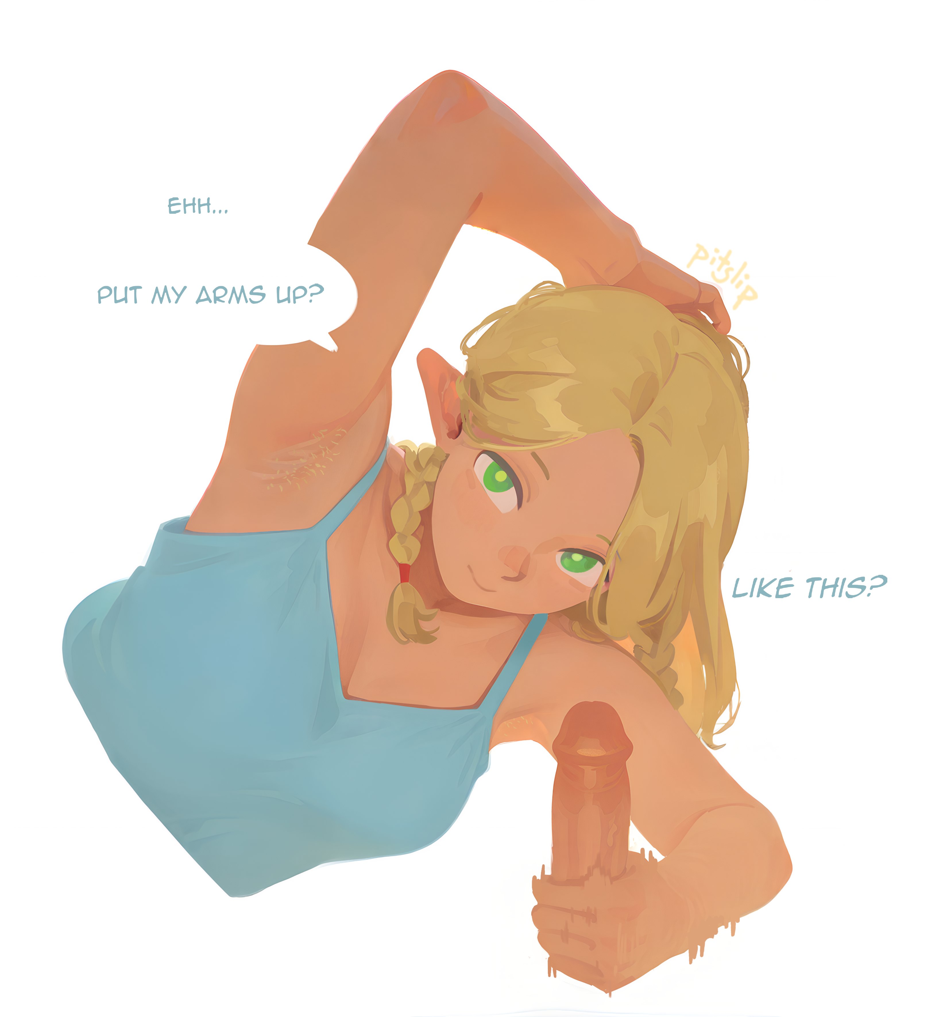 1boy, absurdres, ai assisted, arm up, armpit crease, armpits, artist name, blonde hair, blue camisole, braid, camisole, closed mouth, dungeon meshi, elf, english text, erection, female, green eyes, hairy, hairy armpits, hand on own head, handjob, highres, looking at viewer, male, marcille donato, motion lines, multiple braids, penis, pitslip, pointy ears, pov, pov crotch, smile, speech bubble, straight, talking, uncensored