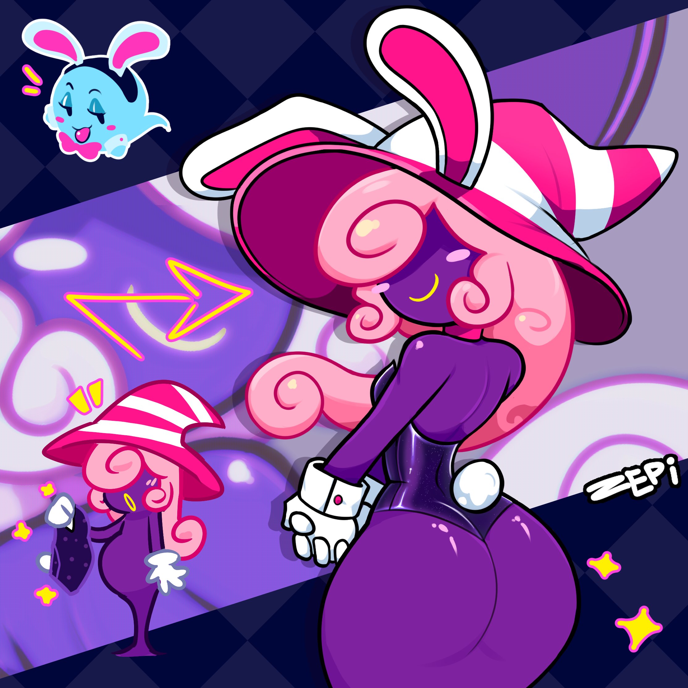 2girls, ass, ass focus, big ass, big butt, blush, boo, boo (mario), bubble ass, bubble butt, bunny ears, bunnysuit, bunnysuit boo (paper mario), chubby, chubby female, cute, cute face, fat ass, female, female focus, female only, ghost, ghost tail, gloves, hair, hat, humanoid, lahla, legless, looking at viewer, looking back, mario (series), multiple girls, paper mario, paper mario: the thousand-year door, peeka, pink hair, pregnant female, purple body, purple skin, shadow siren, smile, smiling, smiling at viewer, spirit, vivian (paper mario), witch hat, zepiereite