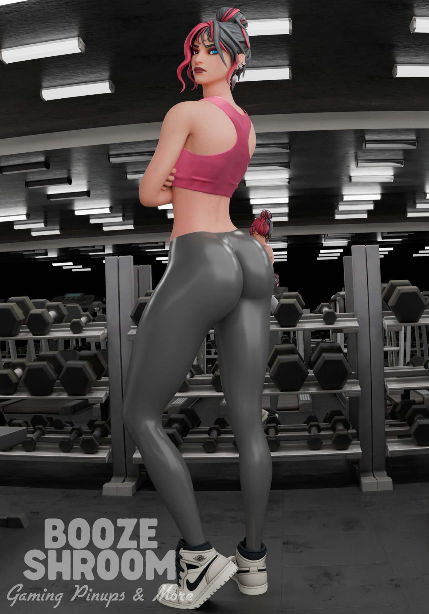 3d, 3d (artwork), alternate version, arms crossed, arms crossed under breasts, ass, ass focus, big ass, black hair, black hair female, boozeshroom, character swap, clothed, clothed female, clothing, commission, female, female only, fortnite, fully clothed, fully clothed female, gym, kor (fortnite), looking back, looking back at viewer, multicolored hair, red hair, red hair female, shiny clothes, shiny pants, solo, solo female, solo focus, sports bra, undercover kor, watermark