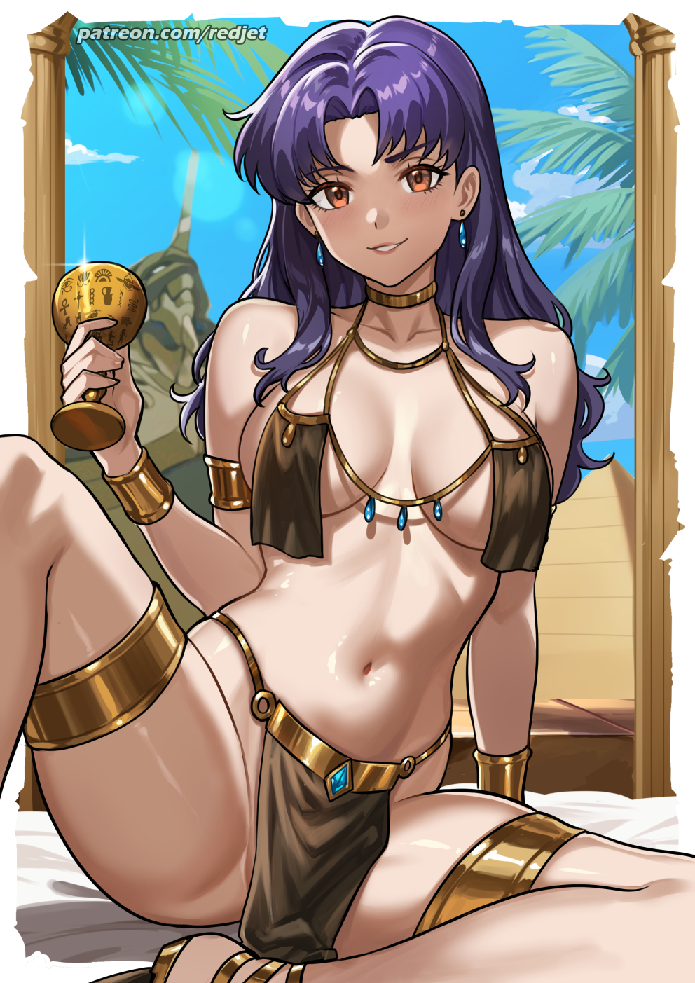 1girls, ancient egyptian clothes, arm strap, armwear, big breasts, breast curtains, breasts, brown eyes, choker, cleavage, ear piercing, earrings, egyptian clothes, female, female only, hair, holding object, jewelry, loincloth, long hair, mature, mature female, mature woman, misato katsuragi, neckwear, neon genesis evangelion, pelvic curtain, purple hair, redjet, revealing clothes, skimpy, skimpy clothes, solo, solo female, thigh strap, thighs