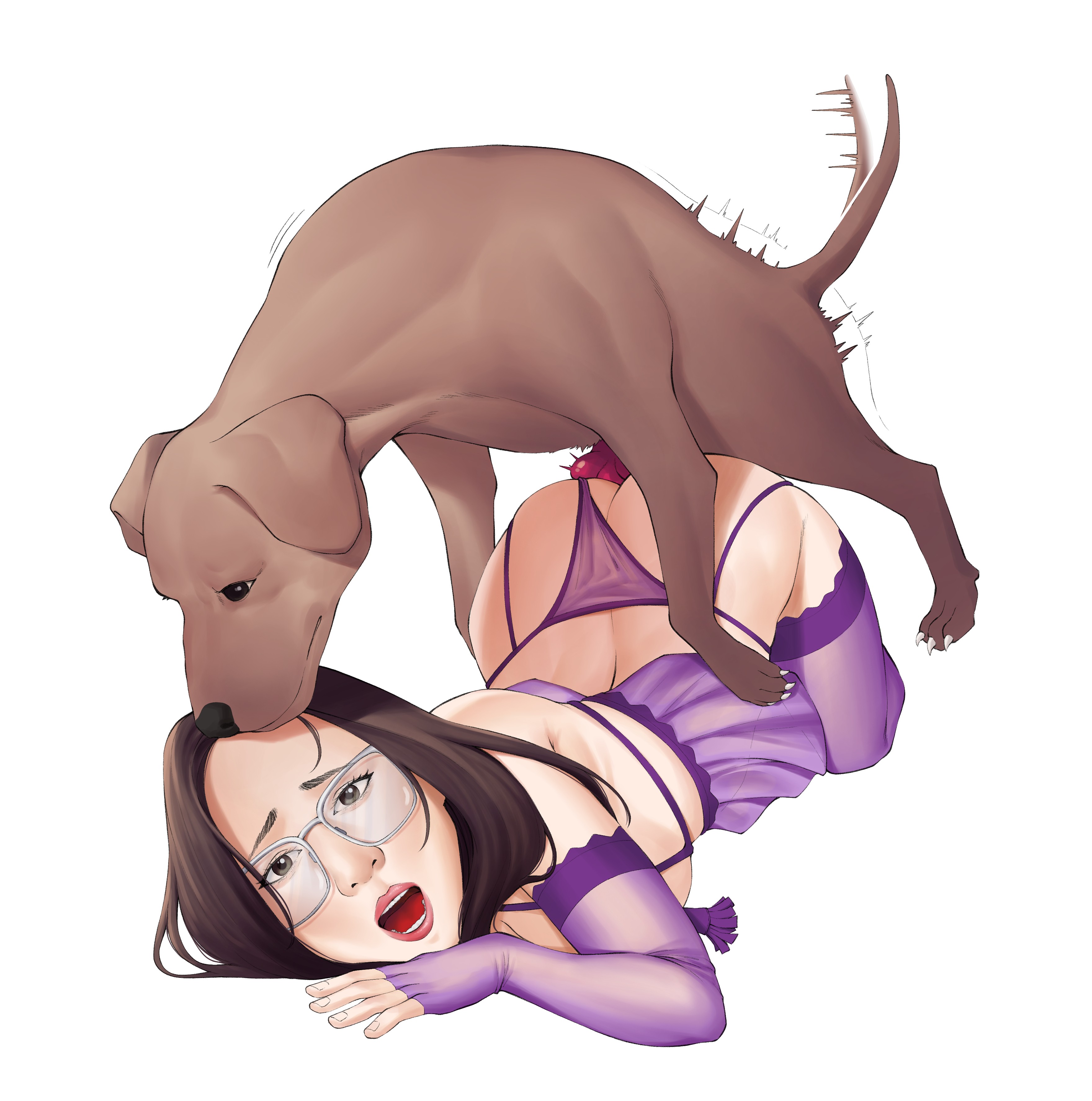 ass, bestiality impregnation, canine, commission, doggy style, female, lingerie, long hair, original, semi realistic, xssaur, zoophilia