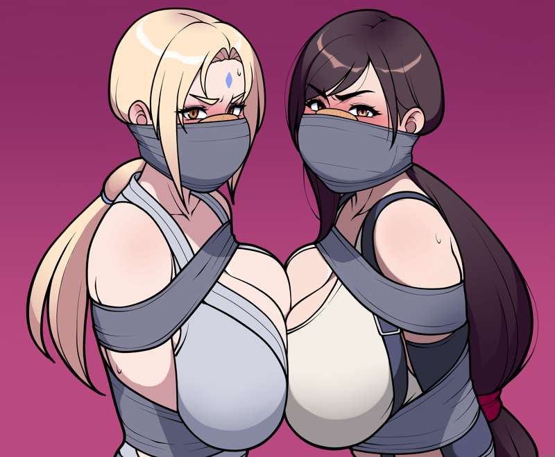 2girls, big breasts, blonde female, blonde hair, bondage, bound, bound arms, bound together, breasts, breasts bigger than head, breasts squeezed together, breasts to breasts, brown eyes, brown hair, final fantasy, final fantasy vii, gagged, huge breasts, jam-orbital, kimono, light-skinned female, long hair, long hair female, looking at viewer, multiple females, multiple girls, multiple subs, naruto, naruto (series), square enix, tape, tape bondage, tape gag, tifa lockhart, tsunade