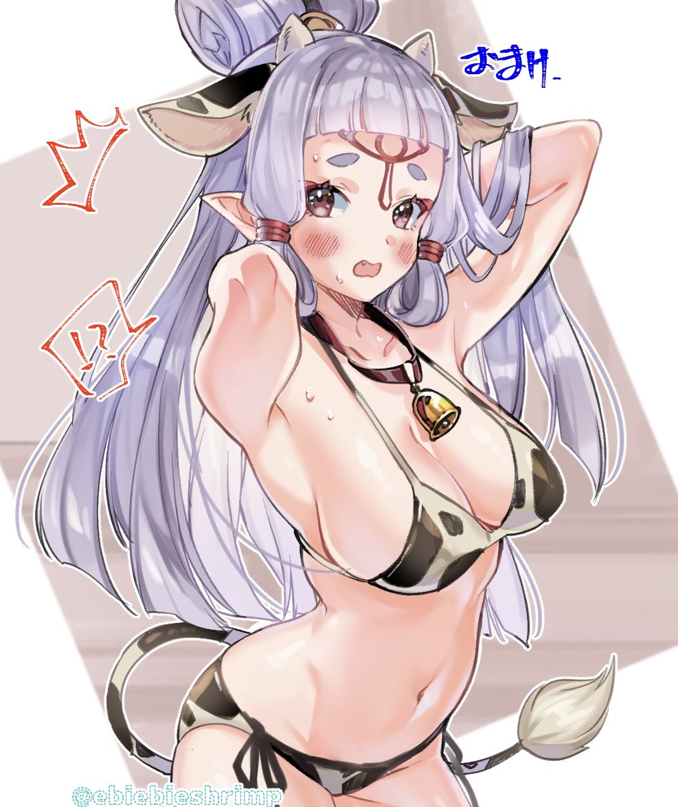 !?, 2d, 2d (artwork), alternate costume, animal ears, animal print, armpit peek, arms up, bell, bell collar, bikini, blunt bangs, blush, breasts, breath of the wild, chinese zodiac, choker, cleavage, cow ears, cow horns, cow print, cow tail, cowboy shot, cowgirl, facial mark, fake animal ears, fake horns, fake tail, female, forehead mark, grey background, horns, long hair, looking at viewer, medium breasts, midriff, navel, neck bell, nintendo, oerba yun fang, open mouth, paya (the legend of zelda), pointy ears, red eyes, shuri (84k), side-tie bikini bottom, sideboob, sidelocks, silver hair, simple background, solo, surprised, sweat, swimsuit, tail, the legend of zelda, thick eyebrows, topknot, translated, twitter username, white background, year of the ox