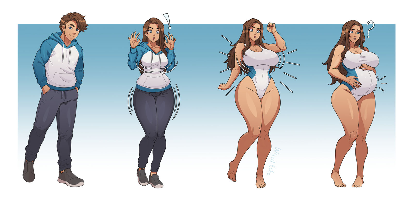 !, ?, ass, barefoot, big belly, black pants, blue eyes, blue hoodie, breast expansion, breast growth, brown hair, competition swimsuit, covered navel, full body, gender transformation, genderswap, genderswap (mtf), hair growth, hand on own stomach, hip expansion, hips, hood, hood down, hoodie, instant pregnancy, large breasts, long hair, looking at viewer, mtf transformation, multiple views, one-piece swimsuit, open mouth, pants, pregnant, sequence, shoes, short hair, shrinking, standing, swimsuit, tagme, transformation, transformation sequence, white one-piece swimsuit, wide hips, wixedecho