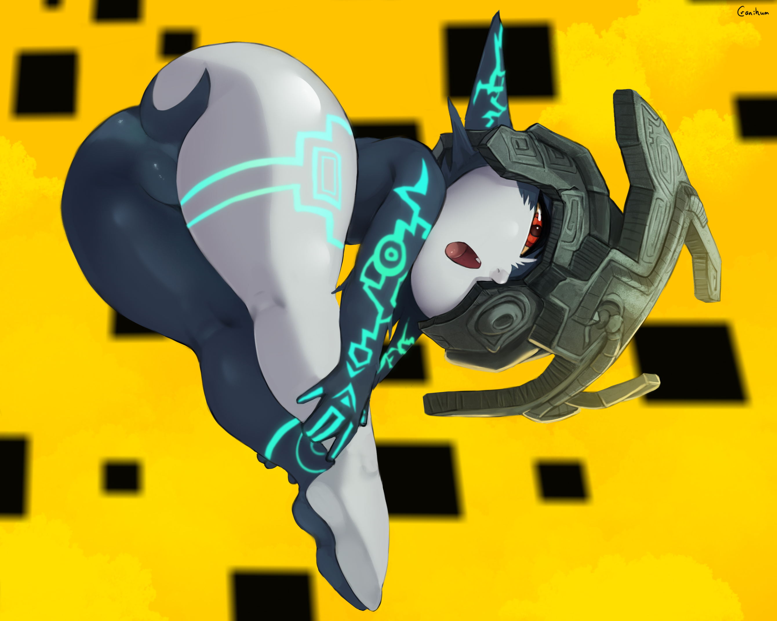 2025, armor, cranihum, featureless crotch, female, headgear, headgear only, helmet, helmet only, hi res, humanoid, humanoid pointy ears, imp, looking at viewer, looking back, looking back at viewer, midna, nintendo, not furry, open mouth, pointy ears, red eyes, simple background, solo, the legend of zelda, twili, twilight princess