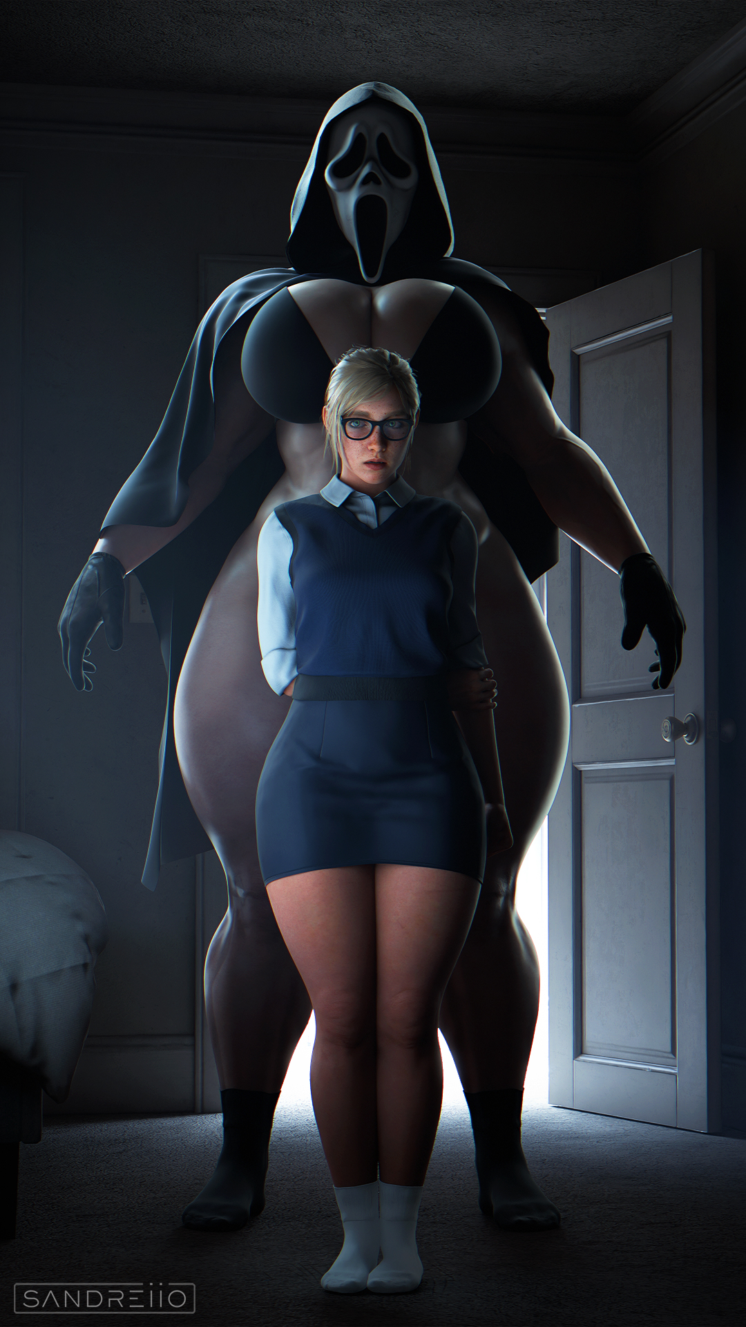 2girls, 3d, 3d (artwork), big breasts, bigger female, breasts, clothed, clothed female, female, female focus, female ghostface, female only, ghostface, ghostface (scream), height difference, large boobs, large breasts, larger female, light skin, light-skinned female, mask, masked, masked female, sandreiio, scream (franchise), shorter female, size difference, smaller female