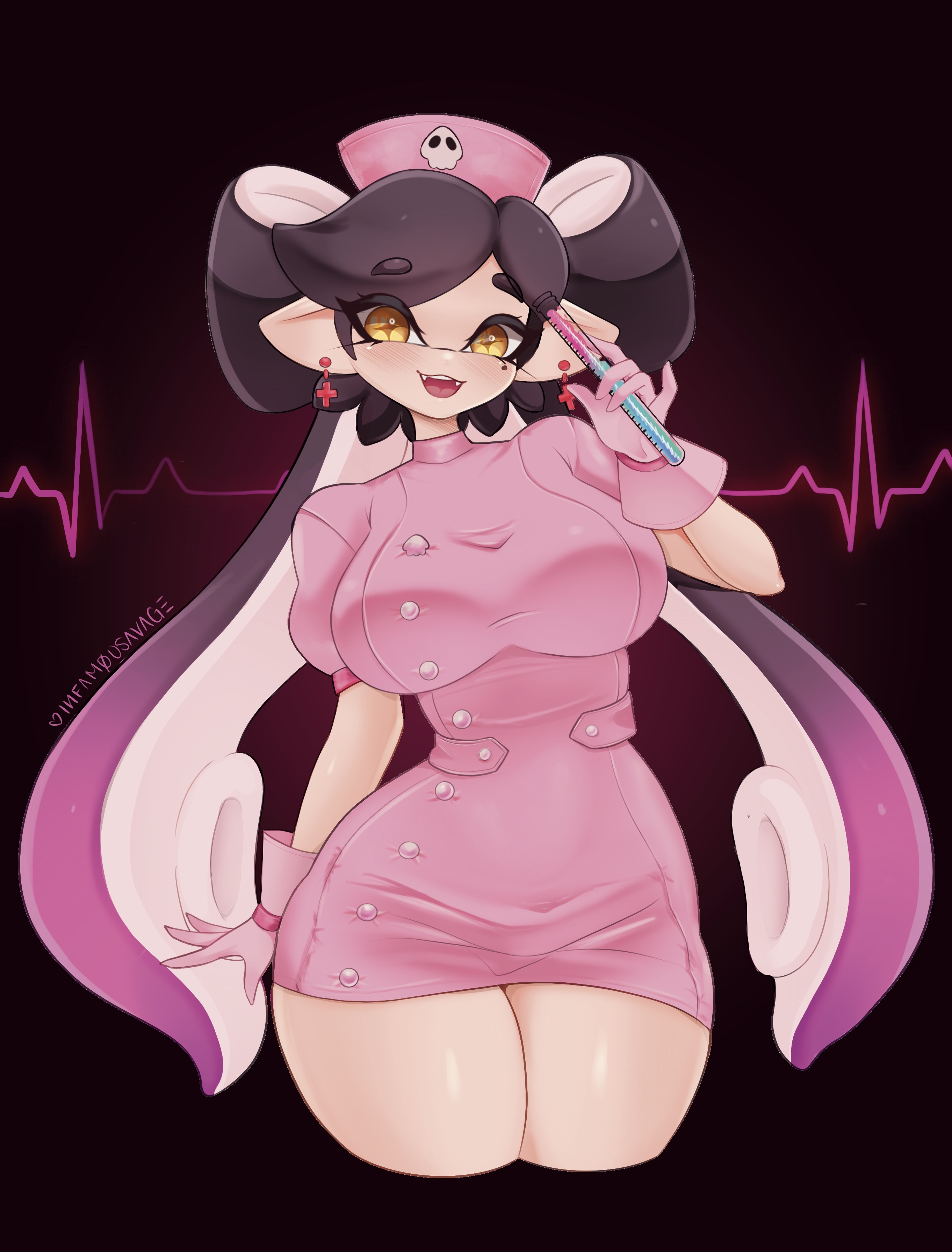 1girls, artist name, big breasts, callie (splatoon), huge breasts, infamousavage, large breasts, long hair, looking at viewer, nintendo, nurse, nurse cap, nurse uniform, open mouth, splatoon, splatoon (series), tentacle hair, thick thighs, thighs, two-tone hair