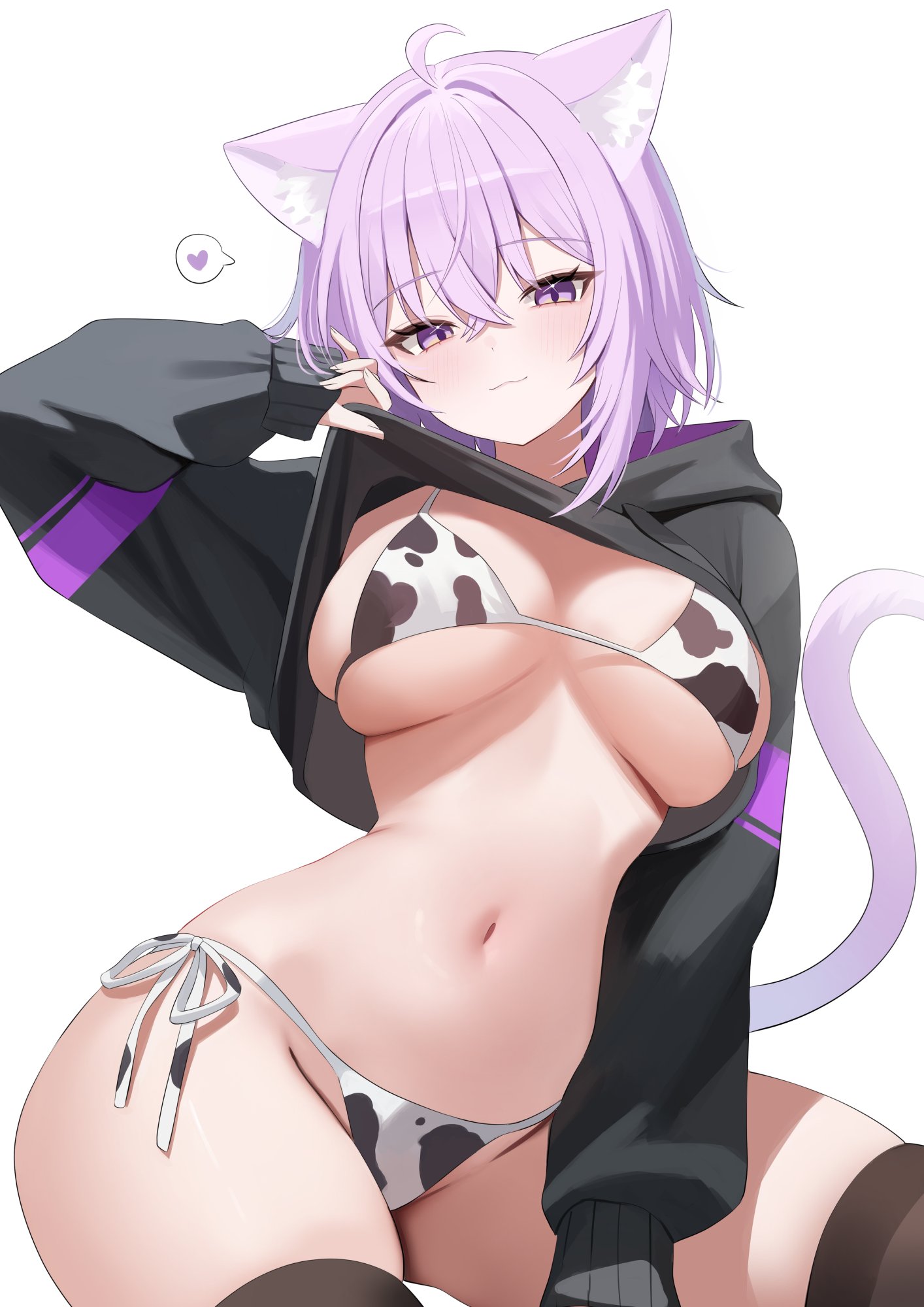 bikini, cat ears, cat girl, cat tail, catgirl, cow print, heart, hololive, lifting shirt, looking at viewer, nannung, nekomata okayu, purple eyes, purple hair, smile, smiling at viewer, thighhighs, thighs, virtual youtuber