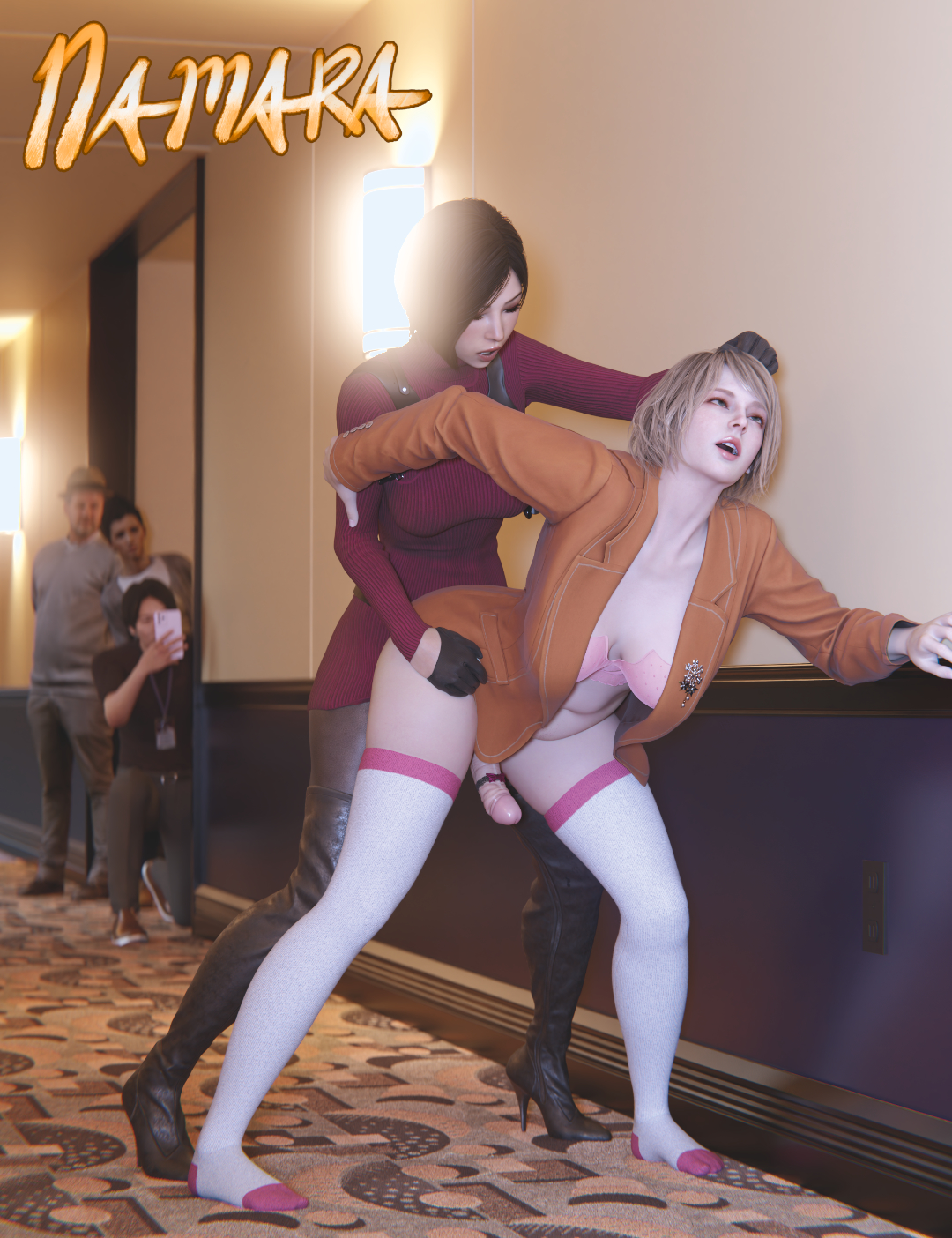 3d, ada wong, ashley graham, erection, exhibitionism, futa on futa, futanari, namara, penis ribbon, public, public sex, resident evil, resident evil 4, resident evil 4 remake, ribbon on penis, socks