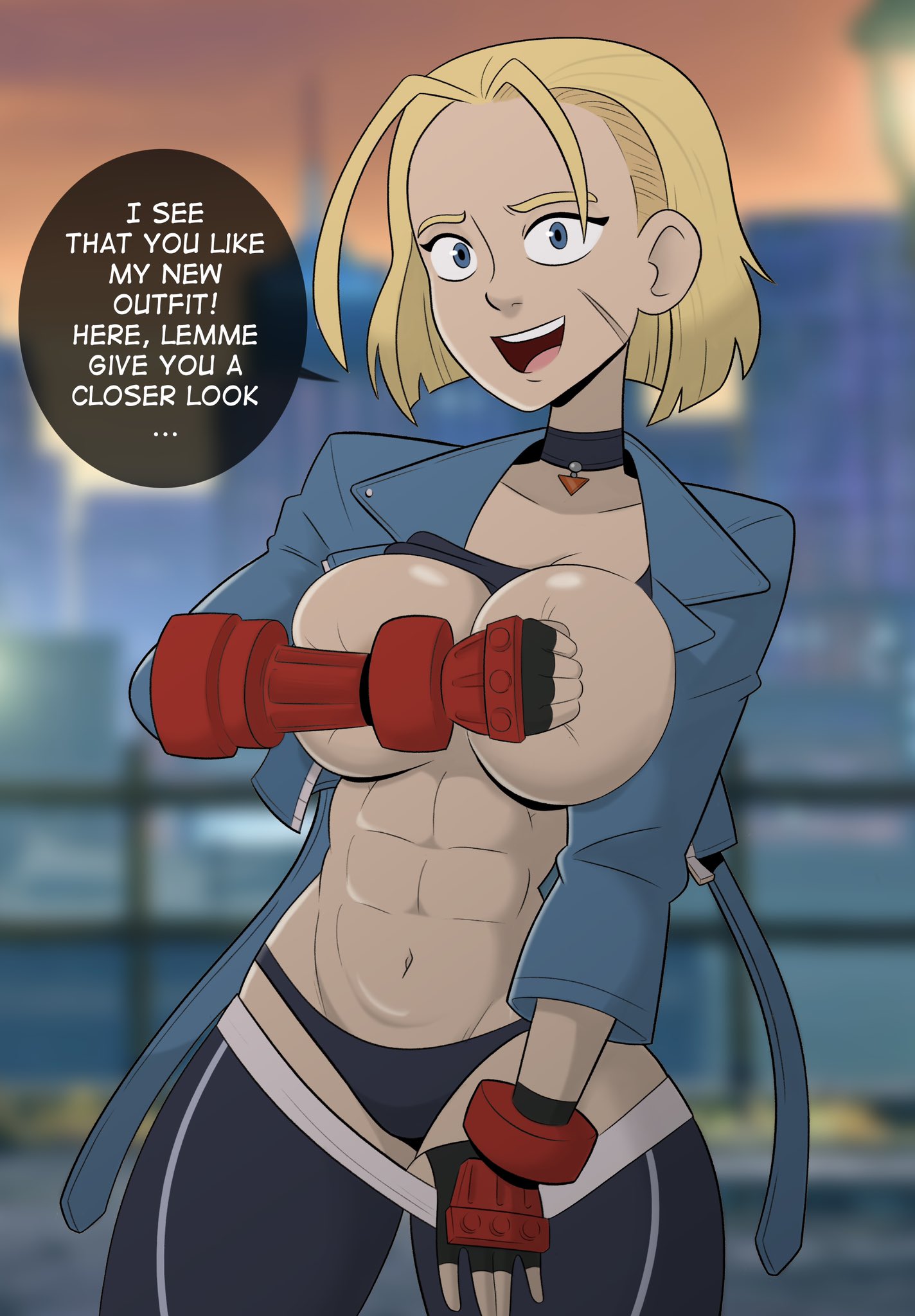 1girls, abs, big breasts, blonde hair, breasts, cammy white, cammy white (street fighter 6), capcom, covering breasts, dialogue, female, female only, large breasts, panties, pants pull, scar, septum (artist), solo, street fighter, street fighter 6, text