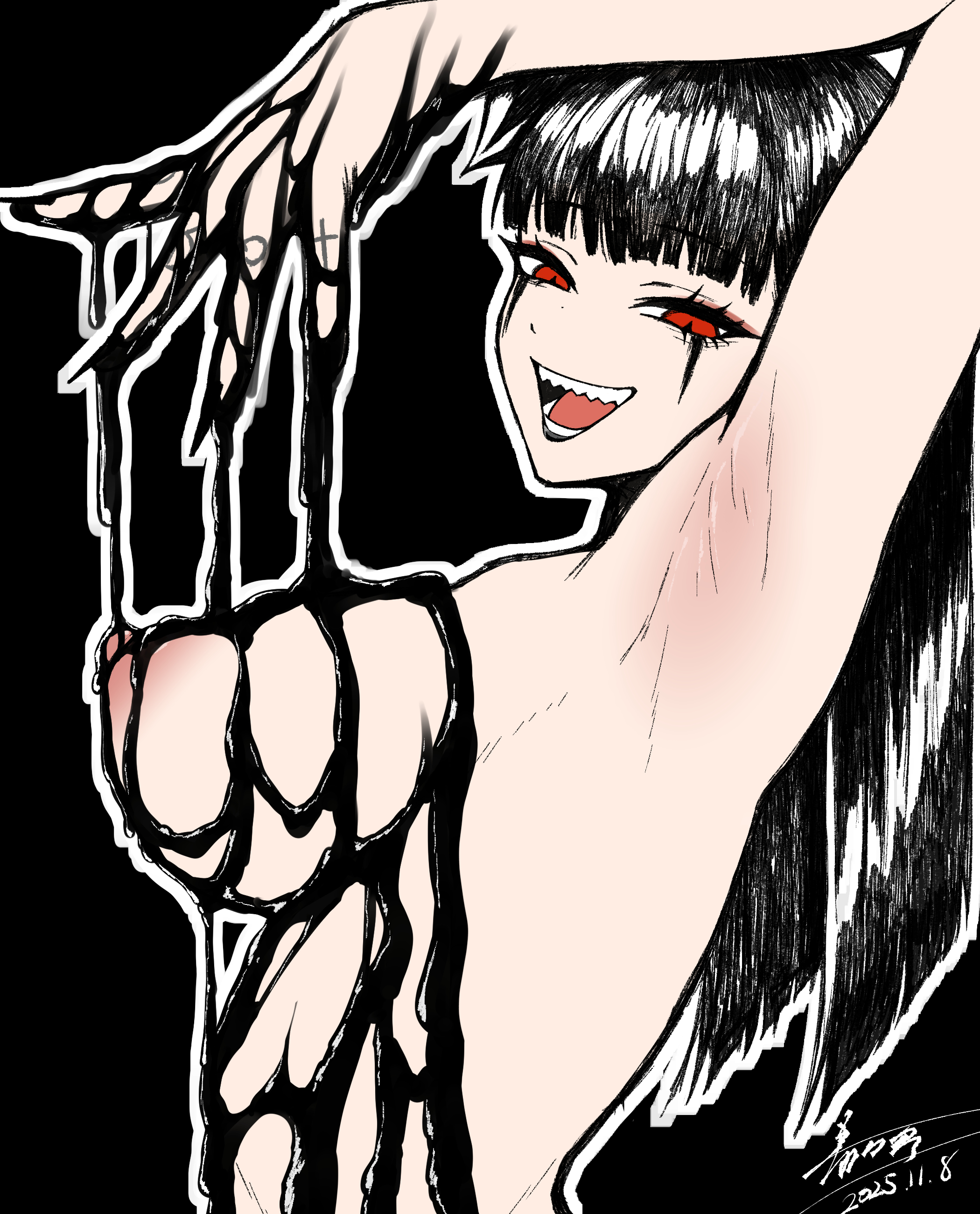 1girls, 2025, arm up, armpit, artist name, behemoth (nikke), black hair, black lipstick, black liquid, black makeup, black nails, breasts, eyebrows visible through hair, female only, goddess of victory: nikke, highres, kakedori illust, light skin, light-skinned female, liquid, long hair, looking at viewer, nude, nude female, open mouth, painted nails, red eyes, sharp teeth, sideboob