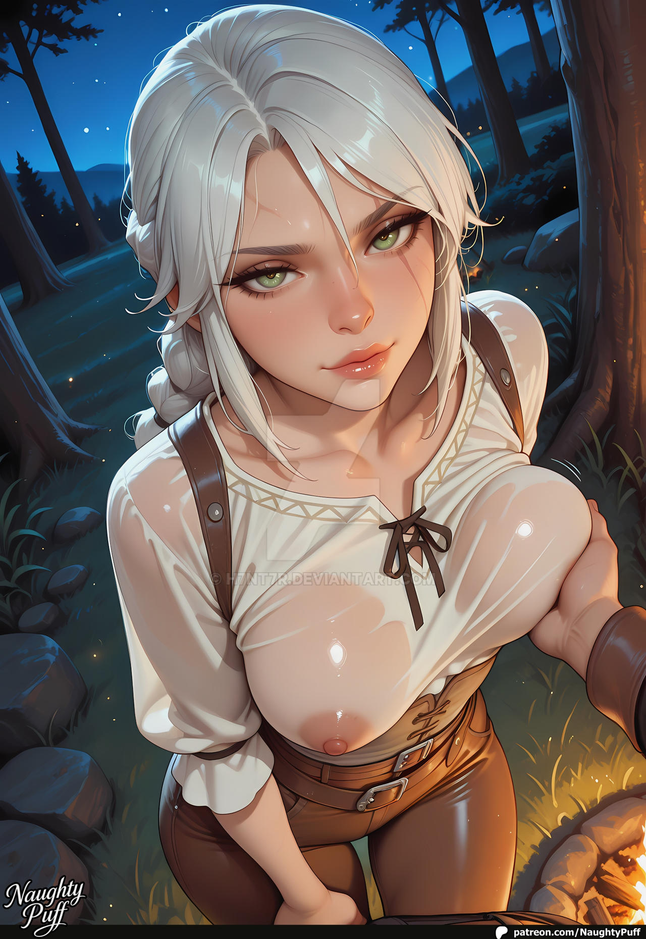 ai generated, braid, breast grab, breasts, campfire, cd projekt red, ciri, clothing, female, green eyes, light skin, light-skinned female, light-skinned male, looking at viewer, male, mascara, naughtypuff, night, nipples, nipples visible through clothing, outdoors, scar, the witcher (series), the witcher 3: wild hunt, watermark, white hair