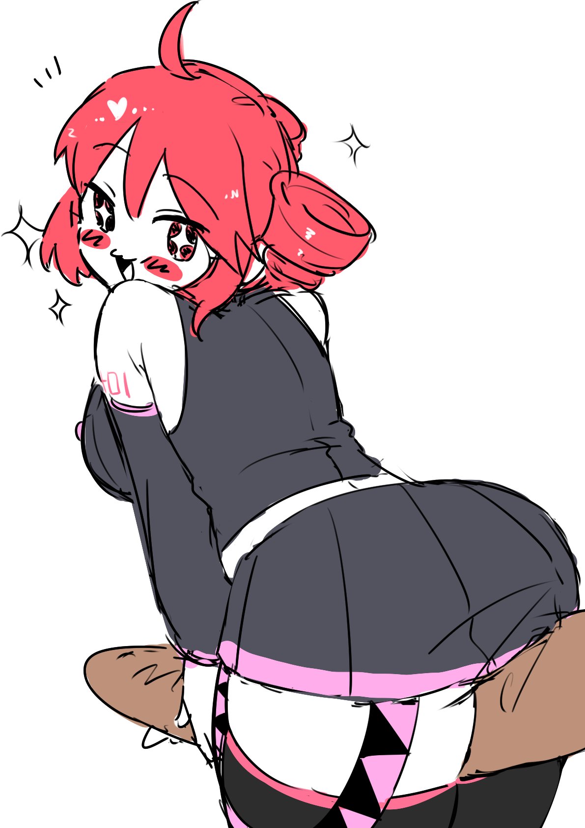 1girls, 2d, 2d (artwork), ahoge, arched back, arm tattoo, ass, back, back view, baguette, belt, bending forward, bending over, big ass, big thighs, bread, breasts, clothed, clothed female, clothing, colored sketch, crop top, cropped jacket, cute, cute face, detached sleeves, female, female only, food, fully clothed, kasane teto, large ass, large thighs, leaning forward, looking at viewer, looking back, looking over shoulder, medium breasts, miniskirt, object between thighs, oshijuu748, red eyes, red hair, shoulders raised, simple background, skirt, solo, solo female, sparkles, sparkling eyes, sticking ass out, tattoo, thick thighs, thighhighs, thighs, twin drills, utau, white background