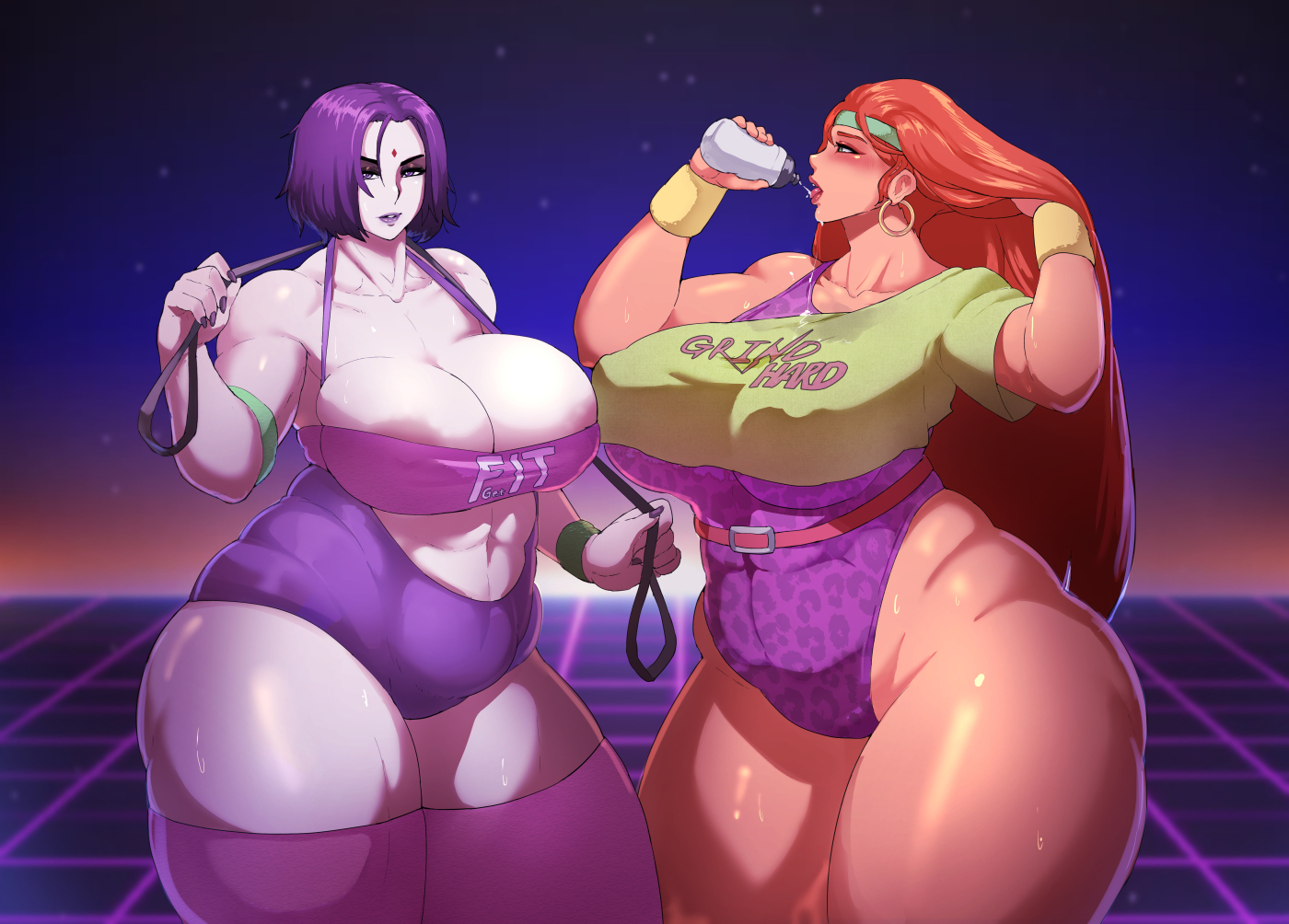 2girls, abs, alternate breast size, areolae, ass, big breasts, breasts, breasts bigger than head, busty, chubby, cleavage, curvy, dc, dc comics, donaught, female, female only, huge ass, huge breasts, large breasts, looking at viewer, rachel roth, raven (dc), starfire, straight hair, teen titans, thick thighs, thighhighs, venus body, voluptuous, wide hips