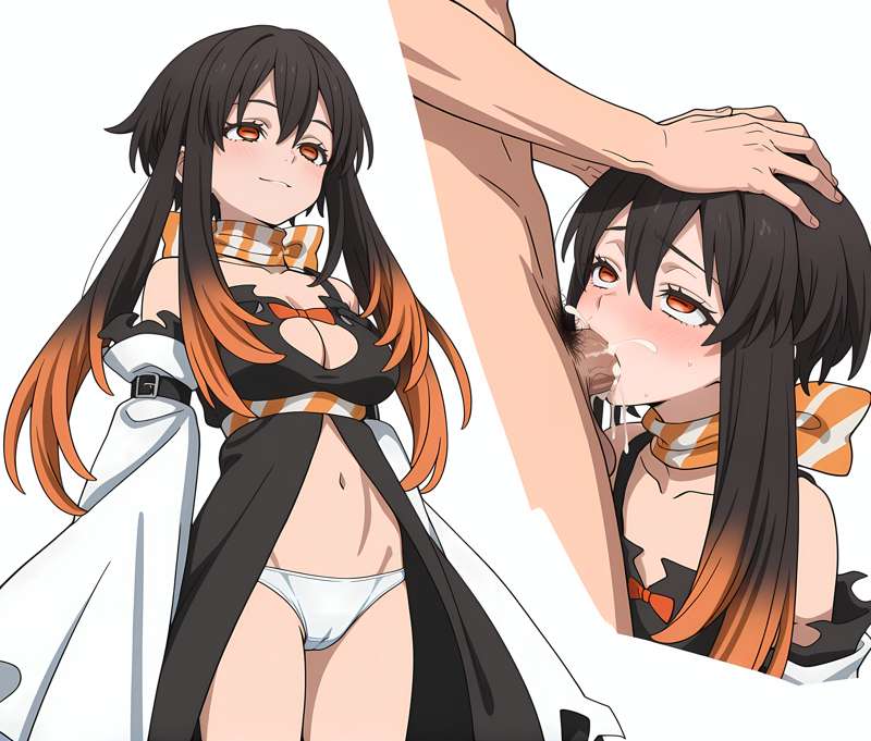 1boy, 1girls, ai generated, amo empool, big breasts, black hair, blowjob, breasts, cum, cum in mouth, diaseepauwel, fellatio, female, gachiakuta, hair, light, light-skinned female, long hair, multicolored hair, oral, oral penetration, oral sex, panties, teenage girl, teenager, white panties