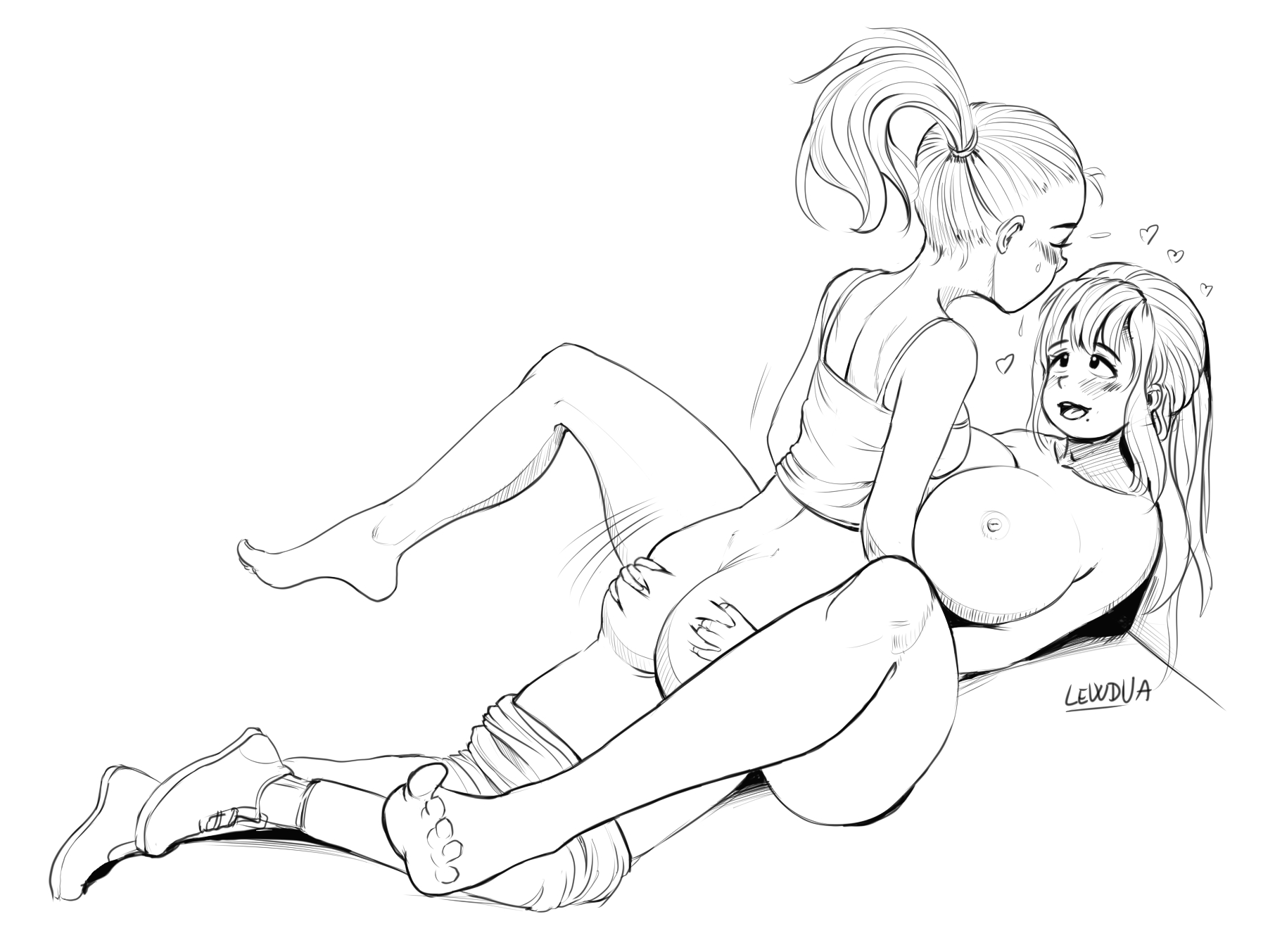 1futa, 1girls, alison (lewdua), areolae, big breasts, breasts, clothing, dickgirl, female, futanari, implied futa, intersex, large breasts, lewdua, mole, mole under mouth, monochrome, nessie (lewdua), nipples, spread legs