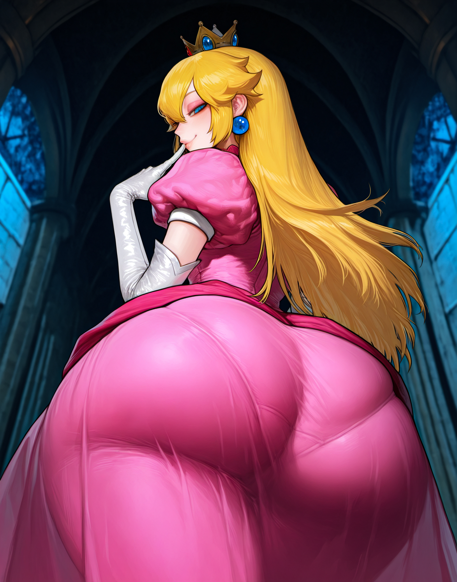 ai generated, ass, ass focus, back, back view, big ass, big butt, blonde hair, female, female only, mario (series), nintendo, princess peach, randoai