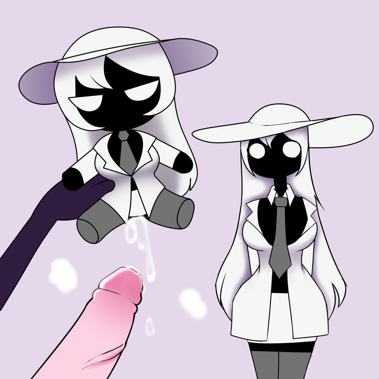 1futa, 1girls, black body, blush, character, cow girl, cum, cumdrip, detached sleeves, dick, dickgirl, doll, female, female pov, fumo (doll), furry, futanari, hat, highres, holding, holding doll, holding stuffed toy, ice (sweet mei), implied futalooking at viewer, leaking cum, long hair, meme, oc, plushie, simple eyes, sleeveless, sleeveless shirt, sparkle, sparkle doll meme, sparkle doll onahole (meme), sweet mei, vorkusina, white eyes, white hair