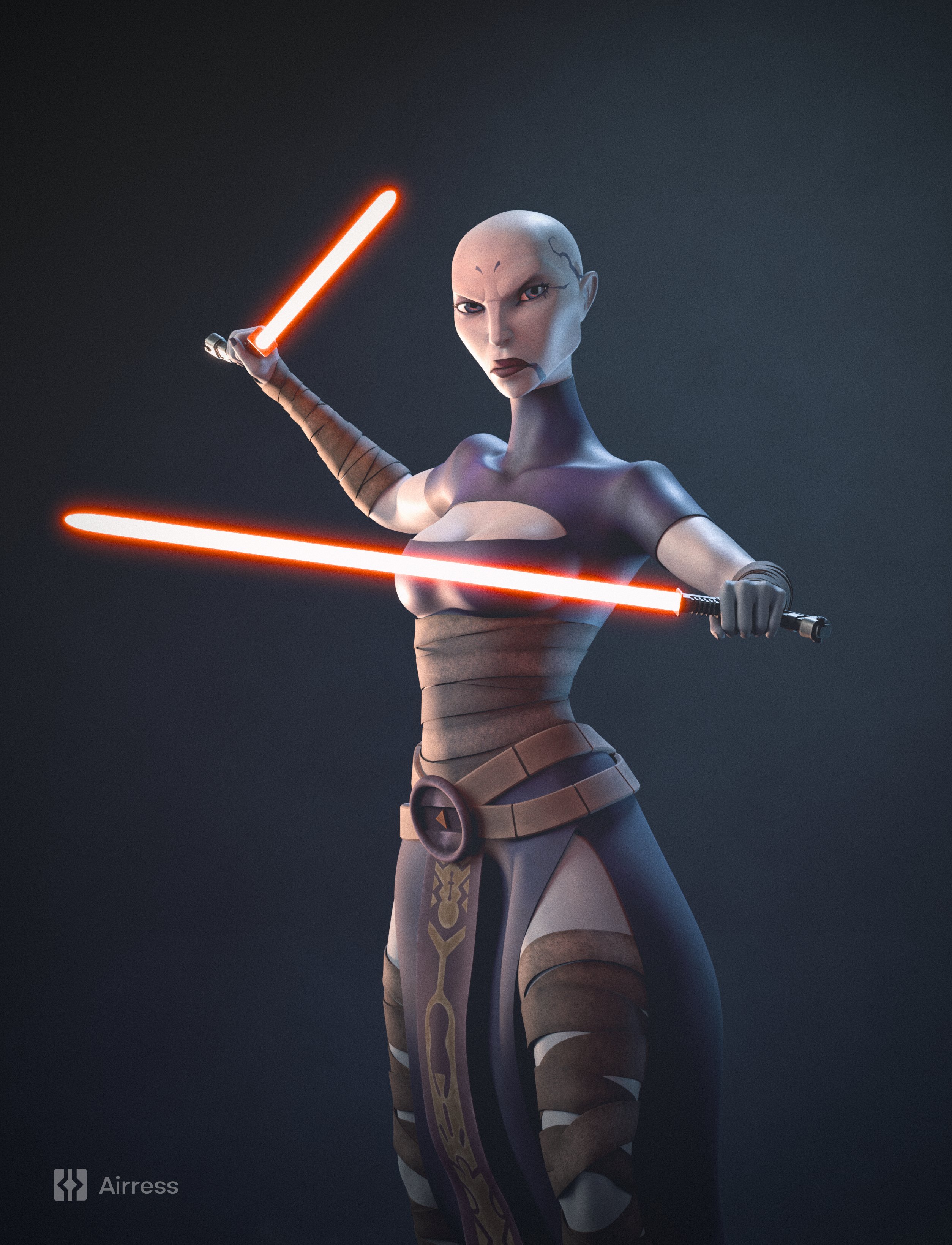 1girls, 2025, 3d, 3d (artwork), airress3d, airress3d (3d-modeller), asajj ventress, assassin, athletic, athletic female, bald, bald female, blender, breasts, cleavage, clone wars, clothed, clothing, dual wielding, female, female only, grey body, grey skin, grey-skinned female, hi res, highres, leotard, lightsaber, looking at viewer, lucasfilm, medium breasts, nightsister, pinup, pose, posing, presenting, red lightsaber, sfw, showing off, simple background, sith, solo, solo female, standing, star wars, thick thighs, watermark, weapons