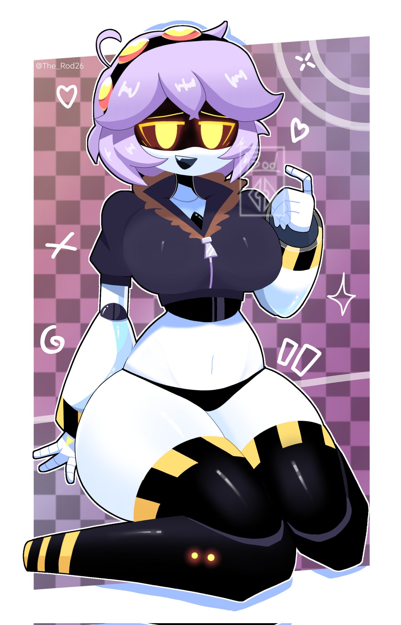 1girls, female, female focus, female only, looking at viewer, murder drones, panties, pantless, purple hair, smile, smiling at viewer, the rod26, thick thighs, thighhighs, thighs, v (murder drones), yellow eyes
