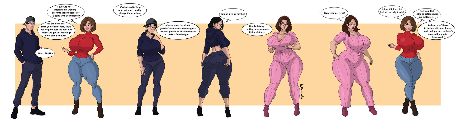 1girl1boy, 2girls, ass, ass expansion, breast expansion, breasts, gender transformation, genderswap (mtf), hips, huge ass, jeans, milf, milfification, mom jeans, romper, rule 63, striped clothing, transformation, wide hips, wixedecho