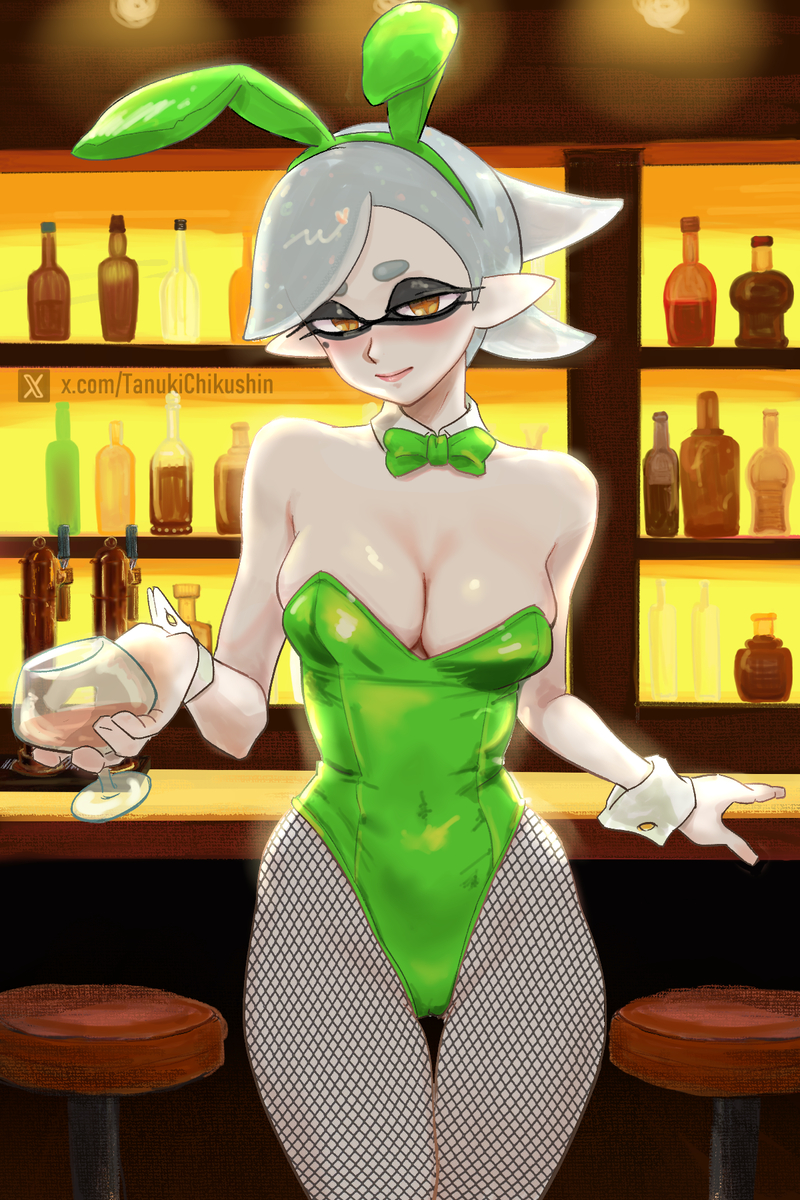 1girls bar bar_stool blush bowtie breasts bunny_ears bunny_girl bunnysuit cleavage fishnets gloves large_breasts looking_at_viewer marie_(splatoon) short splatoon stool tanukichikushin thighs white_gloves yellow_eyes