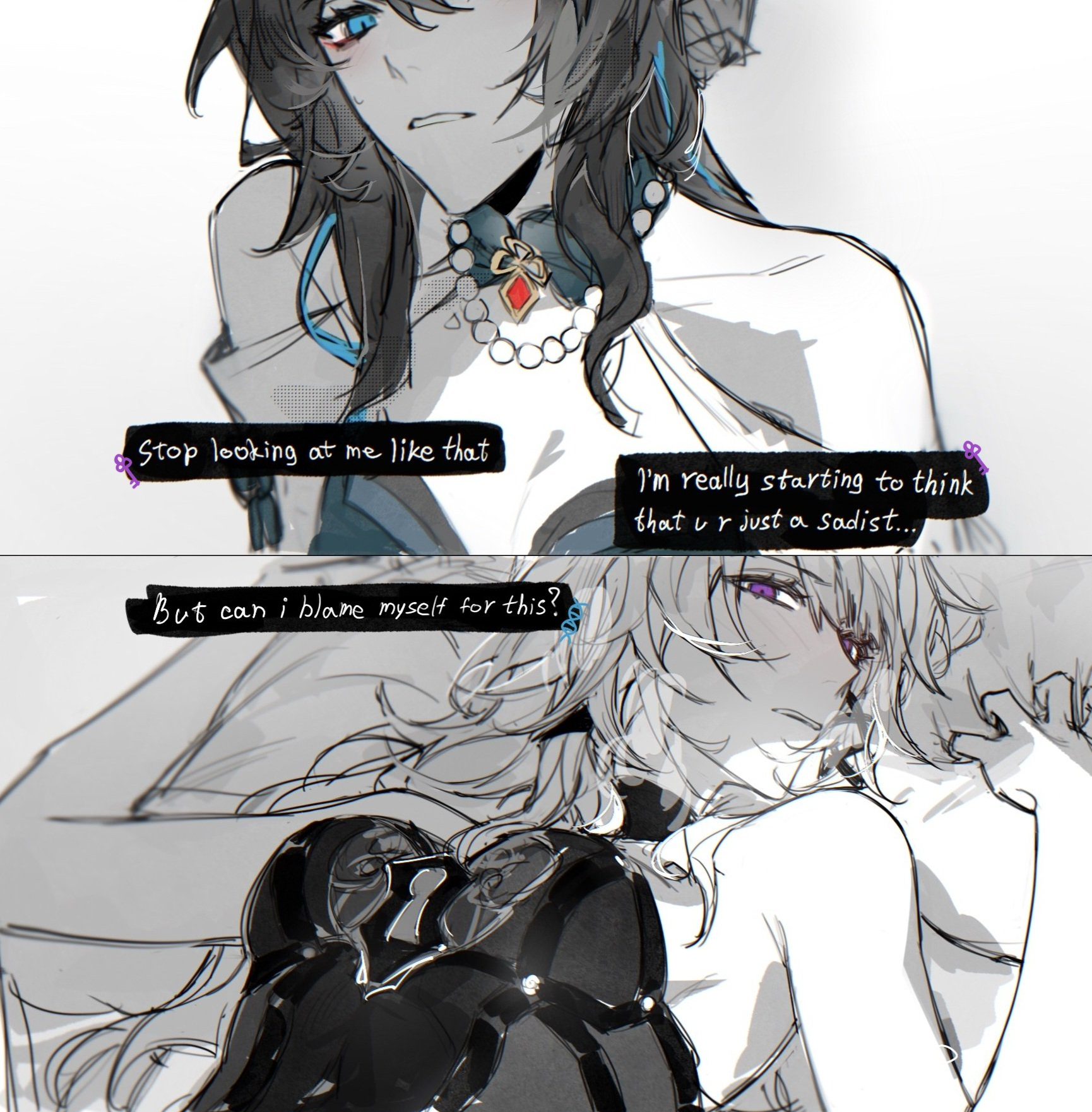2025, 2girls, after sex, antipka, bed, blue eyes, blush, dialogue, dialogue box, female, female focus, female only, grabbing sheets, gripping sheets, heavy breathing, honkai (series), honkai: star rail, hoyoverse, laying down, laying on bed, lesbian sex, long hair, looking at partner, looking down, looking down at partner, looking up at partner, messy hair, mihoyo, partially colored, purple eyes, questionable, ruan mei (honkai: star rail), sheet grab, the herta (honkai: star rail), yuri