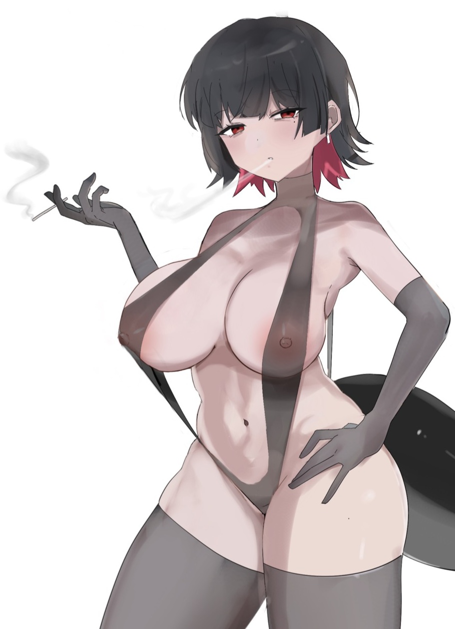 areolae, breasts, cigarette, cjc4848, elbow gloves, ellen joe, female, female only, large breasts, red eyes, see-through clothing, sling bikini, smoking, thighhighs, zenless zone zero