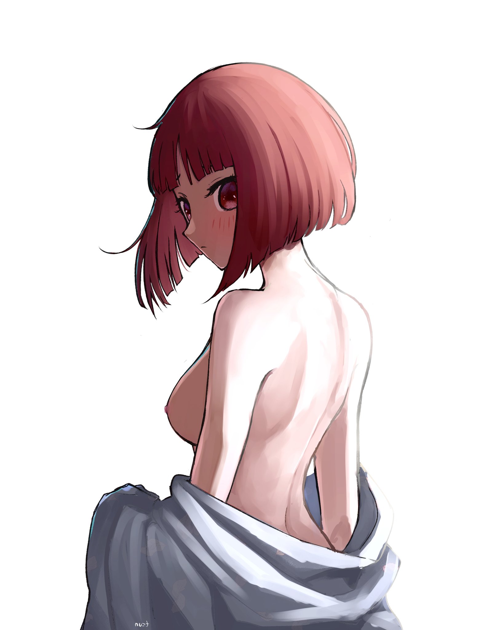 1girls, areolae, arima kana, back, back view, bare arms, bare back, bare breasts, bare chest, bare hands, bare midriff, bare nipples, bare shoulders, bare skin, bare tits, bare torso, blush face, blushing, blushing at viewer, blushing female, blushing lines, bob cut, breasts, exposed arms, exposed back, exposed breasts, exposed chest, exposed midriff, exposed nipples, exposed shoulders, exposed skin, exposed tits, exposed torso, exposing, exposing breasts, exposing chest, exposing nipple, exposing self, expressionless, female, female focus, female only, from behind, half naked, half nude, head tilt, high resolution, high school student, highres, lean figure, looking at viewer, looking back, looking back at viewer, medium breasts, medium hair, midriff, naked, naked female, naked woman, narrow waist, nipples, nude, nude female, nudity, open towel, oshi no ko, petite, petite body, petite breasts, petite female, petite tits, red eyes, red hair, red-eyed female, red-haired female, schoolgirl, semi nude, shoulders, showing breasts, showing chest, showing nipple, sideboob, simple background, skinny, skinny female, skinny waist, slender body, slender waist, slim waist, solo, standing, teenage female, teenager, tilted head, tsunkyun, uncensored, uncensored breasts, uncensored nipples, undressing, undressing self, upper body, white background, young female, young woman