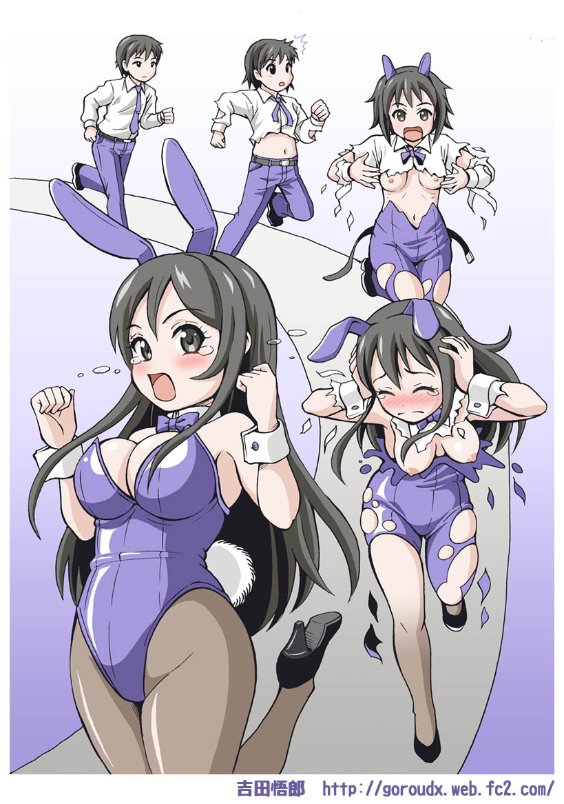 animal_ears bow bowtie breasts fake_animal_ears fake_tail genderswap_(mtf) grey_eyes grey_hair large_breasts leotard light_blush original pantyhose playboy_bunny purple_leotard rabbit_ears rabbit_tail rule_63 running school_uniform tail tearing_up transformation yoshida_gorou