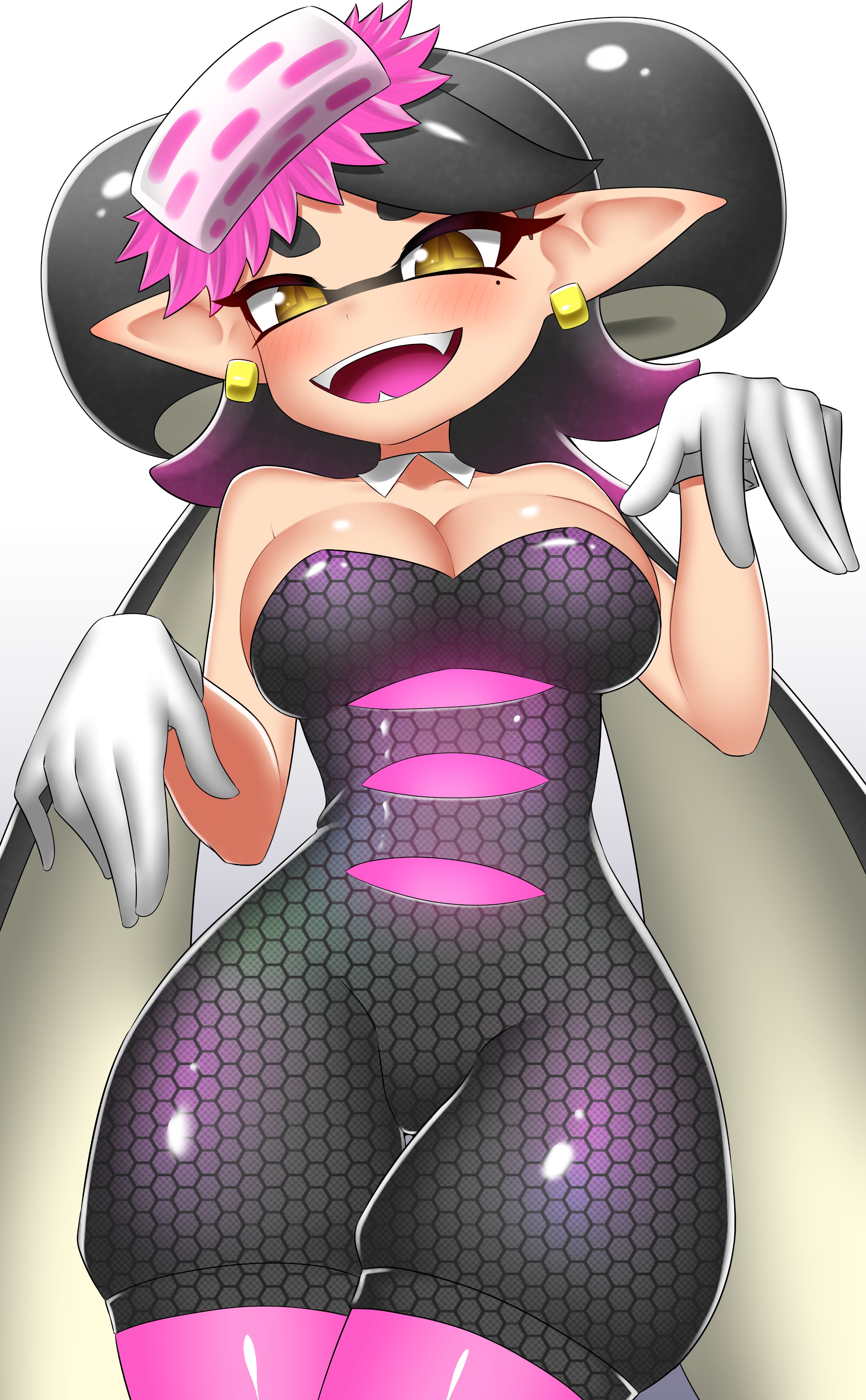 1girls, breasts, callie (splatoon), cleavage, earrings, female, gloves, gold earrings, large breasts, long hair, looking at viewer, nintendo, nobunagapero, open mouth, pantyhose, simple background, splatoon, splatoon (series), white background, white gloves, yellow eyes