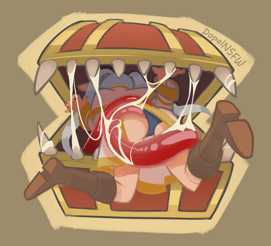 big tongue, dopalnsfw, female, frieren, frieren beyond journey's end, frieren stuck in a mimic (meme), mimic, mimic chest, monster, monster on female, saliva, saliva trail, sousou no frieren, tongue