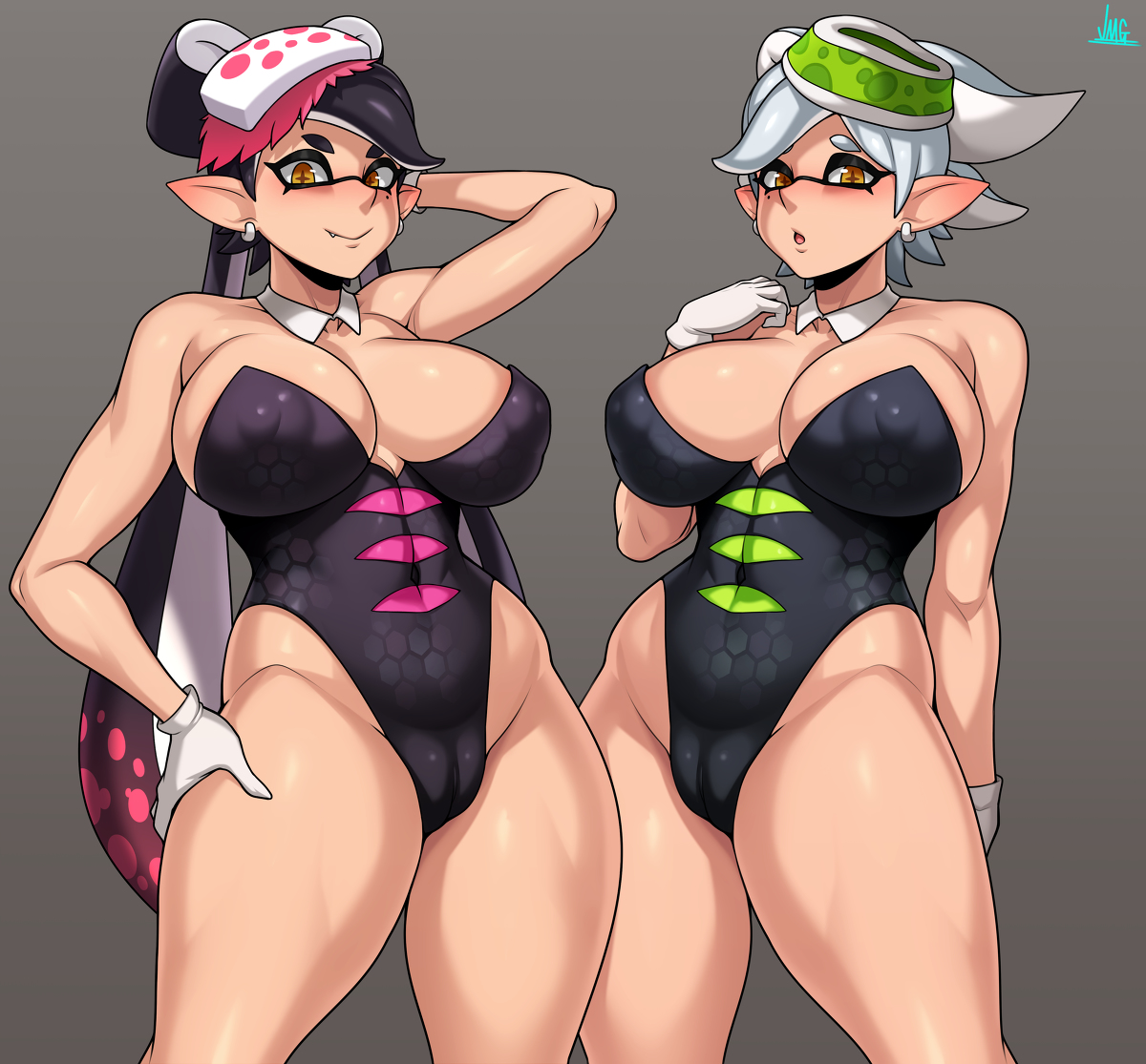 2girls, blush, breasts, callie (splatoon), cameltoe, cleavage, covered nipples, earrings, female, gloves, jmg, large breasts, long hair, looking at viewer, marie (splatoon), nintendo, open mouth, short hair, splatoon, splatoon (series), squid sisters, tentacle hair, thick thighs, thighs, two-tone hair, white gloves, yellow eyes