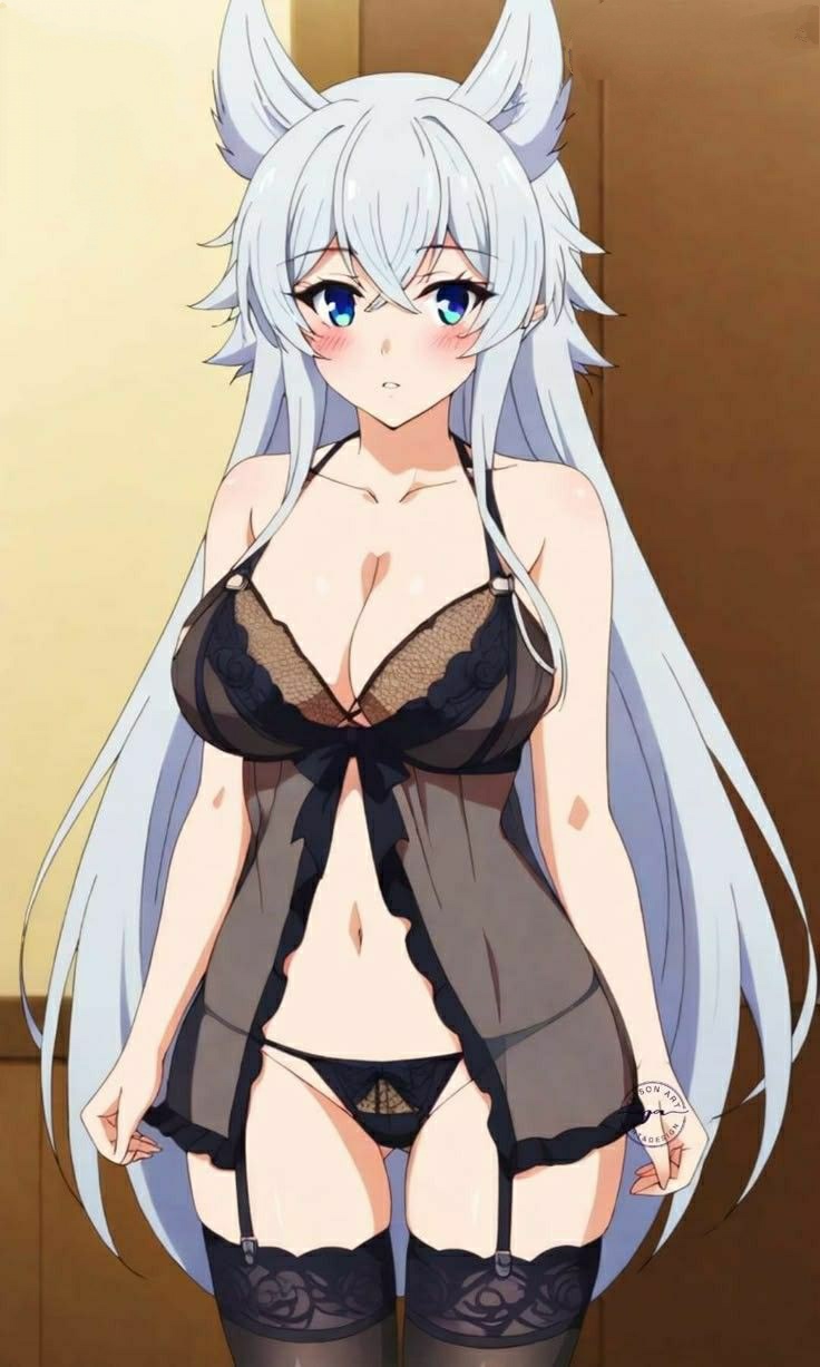 ai generated, blue eyes, demon, demon girl, elf ears, female, fenrys, lv2 kara cheat datta motoyuusha kouho no mattari isekai life, white hair, wolf ears, wolf girl