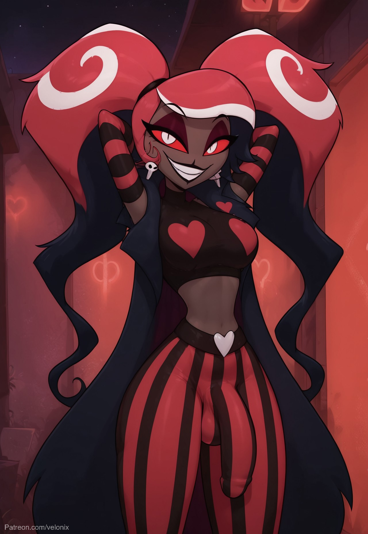 1futa, ai generated, arm warmers, ass, balls, belt, big breasts, big hips, big penis, black lips, black lipstick, breasts, brown skin, bulge, bulge down leg, bulge through clothing, bulge under clothes, cleavage, clothed, clothing, crop top, dark brown skin, dark skin, dark-skinned futa, demon, demon girl, demon tail, dick, dickgirl, earrings, eyebrows, eyelashes, fangs, female, fully naked, fully nude, futa only, futanari, gloves, grin, grinning, grinning at viewer, hair, hands behind head, hazbin hotel, heart, heart symbol, huge cock, indoors, intersex, jacket, lips, lipstick, long hair, looking at viewer, makeup, midriff, naked, naked futa, narrow waist, narrowed eyes, navel, nose, nude, nude futa, pants, penis, purple eyeshadow, red eyes, red hair, seducing, seductive, seductive eyes, seductive gaze, seductive look, seductive mouth, seductive pose, seductive smile, skull, skull earrings, sleeveless, smile, smile at viewer, smiley face, smooth balls, smooth penis, smooth skin, solo, solo dickgirl, solo focus, solo futa, striped legwear, striped pants, succubus, tank top, testicles, twintails, two-tone hair, velonix, velvette, white eyes, white hair