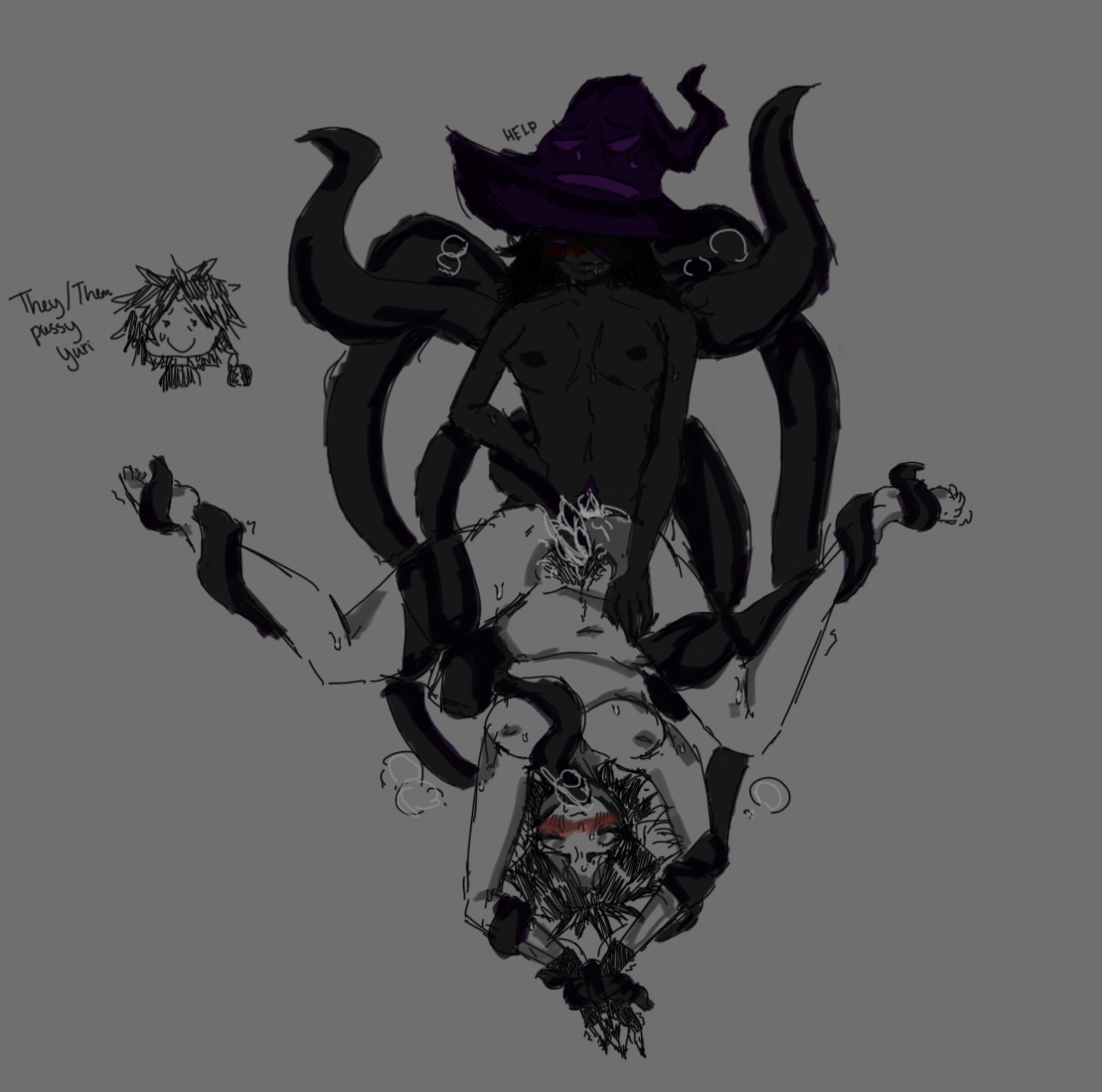 2girls, azure (forsaken), blush, chubby female, cum, cum on body, deepthroat, drool, drooling, feet, female, forsaken (roblox), lacedyoporn, legs apart, legs up, lesbian sex, monochrome, roblox, roblox game, robloxian, self upload, sketch, sweat, sweating, tentacle, tentacle sex, tied arms, tied up, two time (forsaken), wings, yuri
