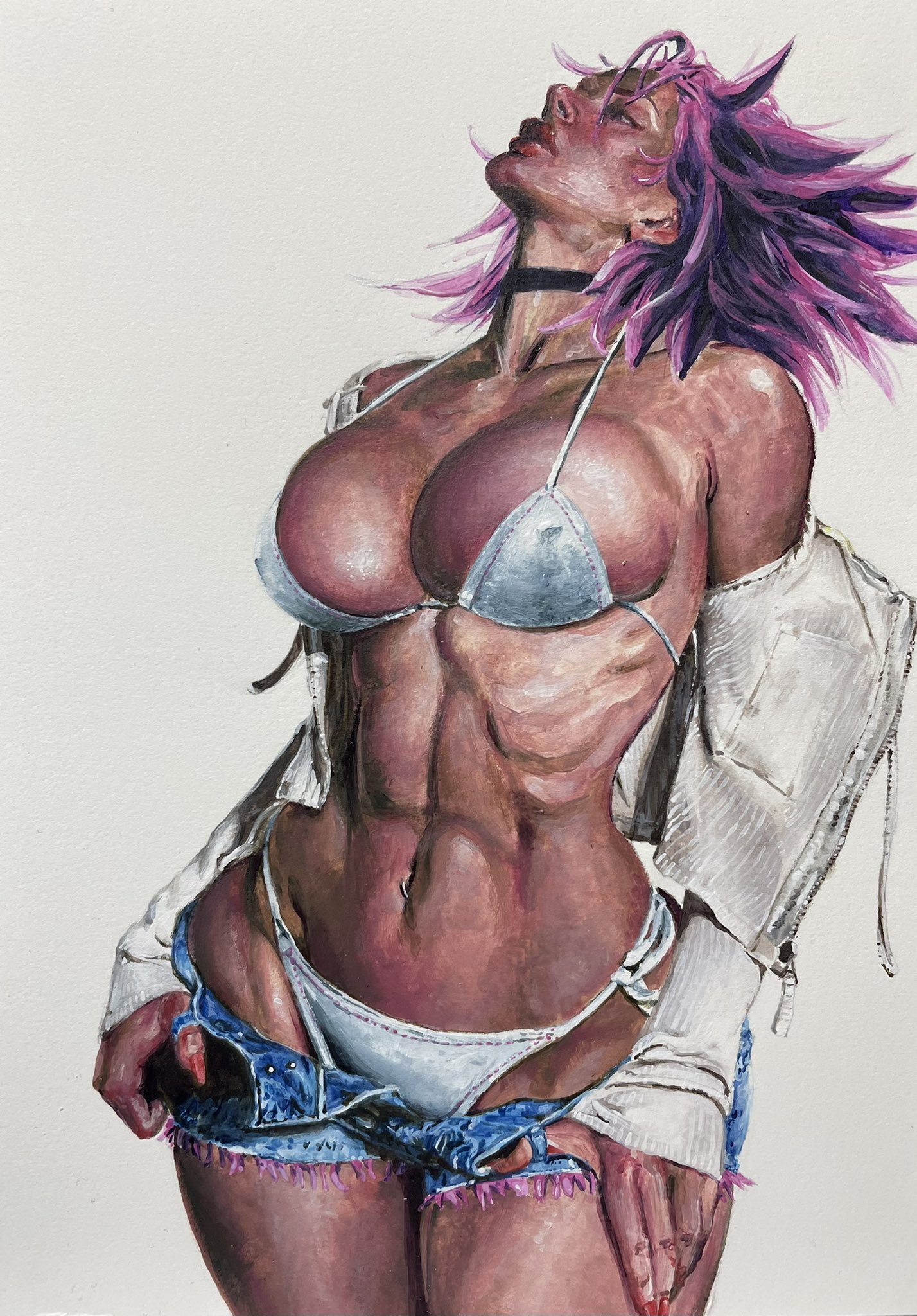 1girls, abs, bra, capcom, choker, female, final fight, hotpants, jacket, long hair, pink hair, poison (final fight), shiwasu11, shorts, street fighter, thong