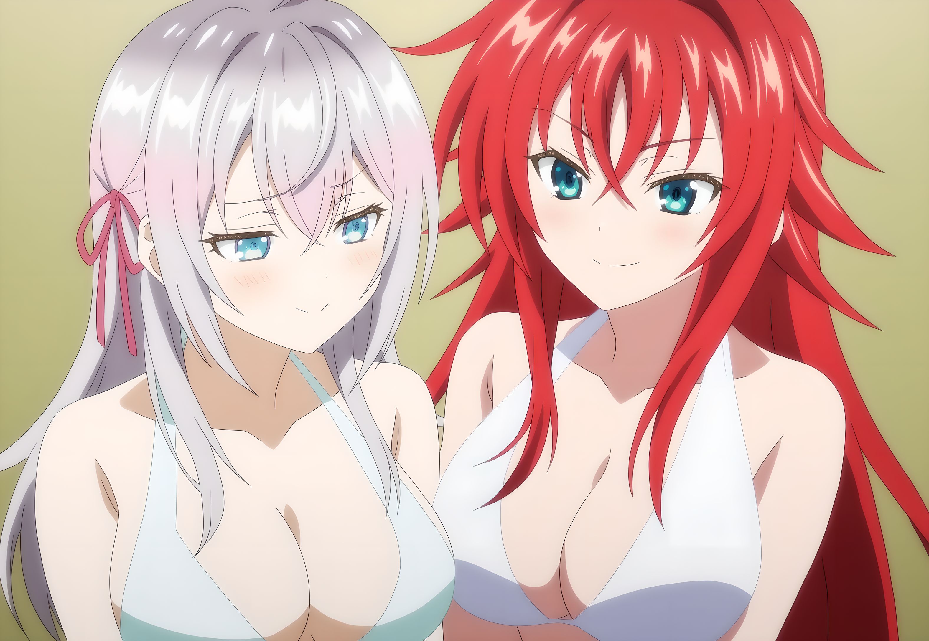 2girls, ai generated, alisa mikhailovna kujou, big breasts, blue eyes, blue green eyes, blush, bra, breasts, crimson-haired female, crossed bangs, crossover, demon, demon girl, female, female only, hair ribbon, high school dxd, interspecies, light skin, light-skinned female, long-haired female, loose hair, lovehuwu, red ribbon, rias gremory, silver-haired female, smile, tokidoki bosotto russian de dereru tonari no alya-san, very long-haired female, yuri
