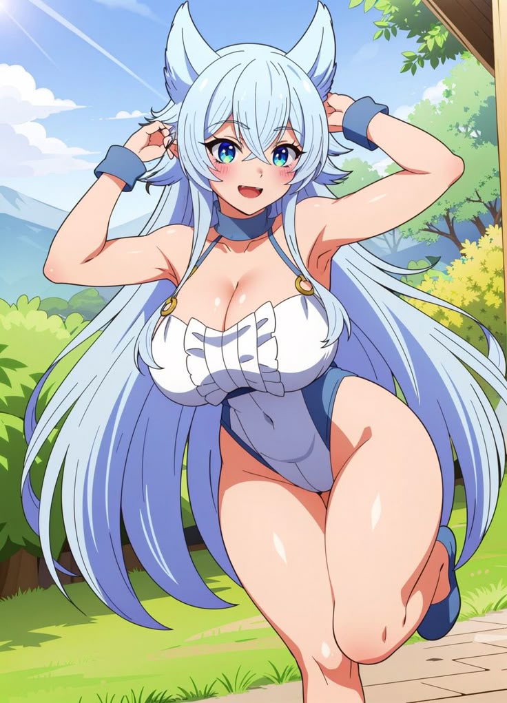ai generated, blue eyes, demon, demon girl, elf ears, female, fenrys, lv2 kara cheat datta motoyuusha kouho no mattari isekai life, white hair, wolf ears, wolf girl