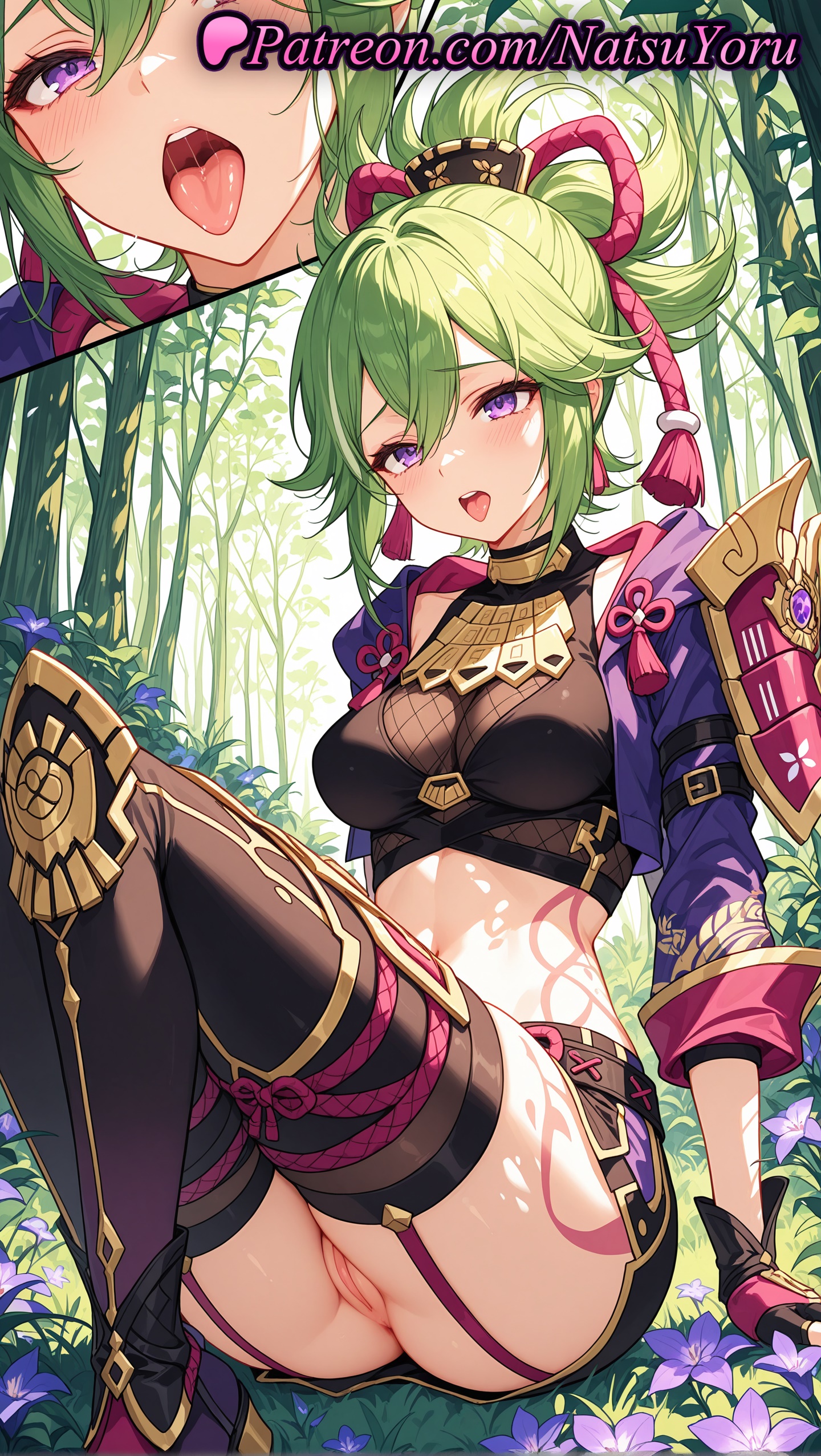 1girls, 2025, ai assisted, ai generated, anime, anime style, armor, body markings, breasts, crop top, cropped jacket, female, forest, genshin impact, gloves, green hair, hair between eyes, hi res, high quality, high resolution, highres, hoyoverse, inazuma girls, jacket, kuki shinobu, labia, looking at viewer, medium breasts, mihoyo, mihoyo technology (shanghai) co. ltd., natsuyoru, nature, open jacket, open mouth, patreon, ponytail, purple eyes, purple jacket, pussy, rope, shorts, sitting, skirt, stable diffusion, thighhighs, thighs, tongue, tongue out, uncensored, vagina, voluptuous, voluptuous female