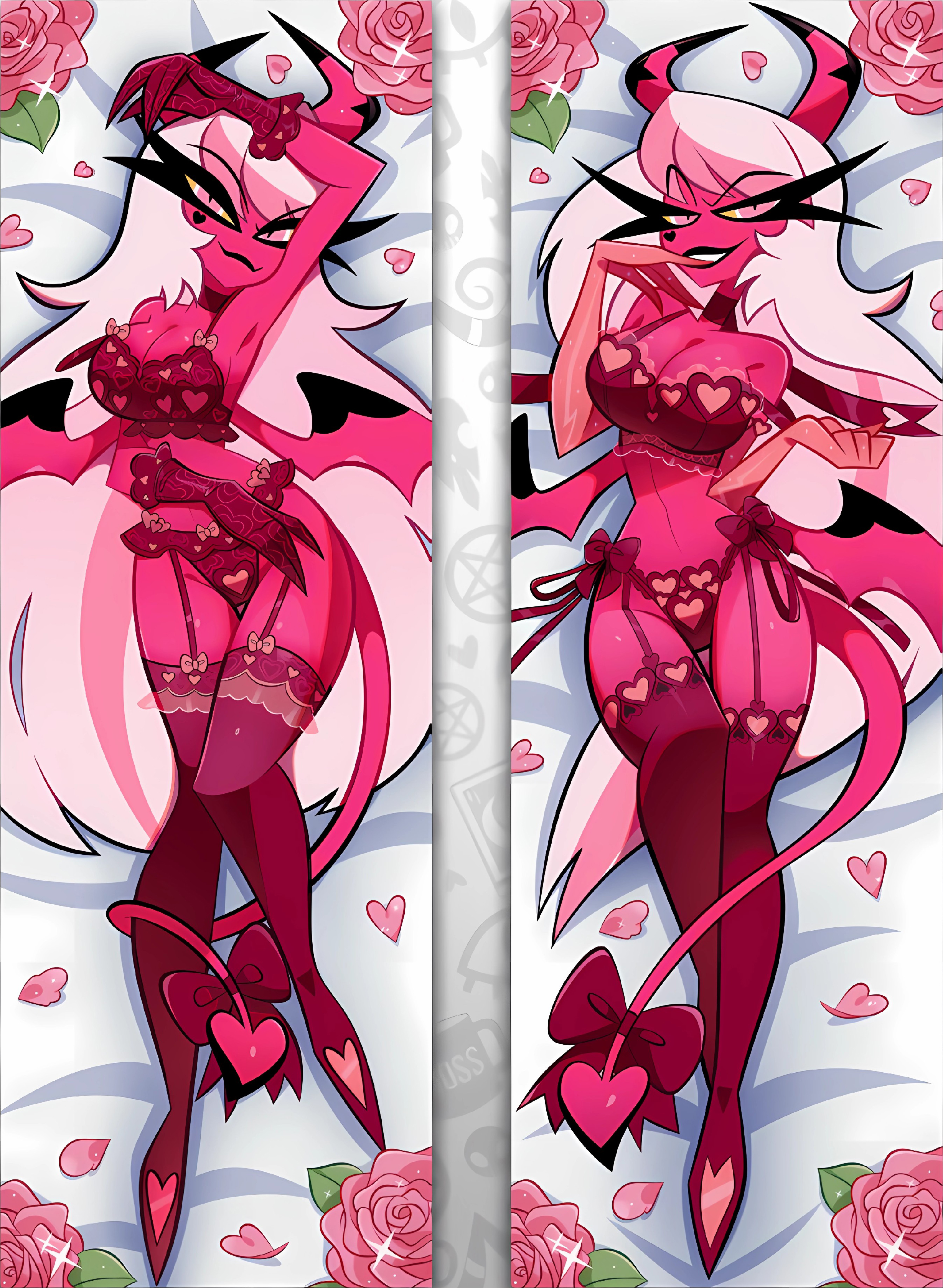 breasts, cleavage, dakimakura, demon, female, flower petals, helluva boss, horns, lingerie, long eyelashes, long hair, official art, pink eyes, pink skin, seductive, source request, succubus, tagme, tail, verosika mayday, verosika mayday (helluva boss), vivienne medrano, vivziepop, wings