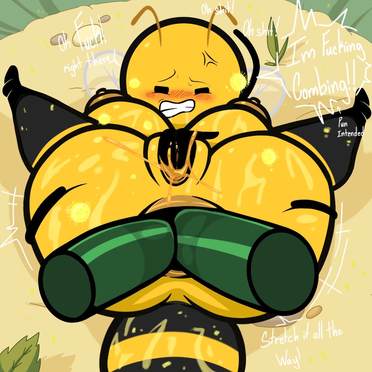 arm behind head, ass, ass focus, asshole focus, bee, bee abdomen, bee antennae, black eyes, black stripes, cumming from anal sex, cumming honey, cyanide and happiness, dirt floor, double penetration, female, fingering own pussy, frottage via penetration, grass background, green leaves, gritting teeth, hand on ground, holding own ass, honey on hand, japansadface, legs back, male, masturbating while penetrated, outside, penis, pollen, pollen bee (cyanide and happiness), pussy, sex, stretching anus, wet penis, yellow body
