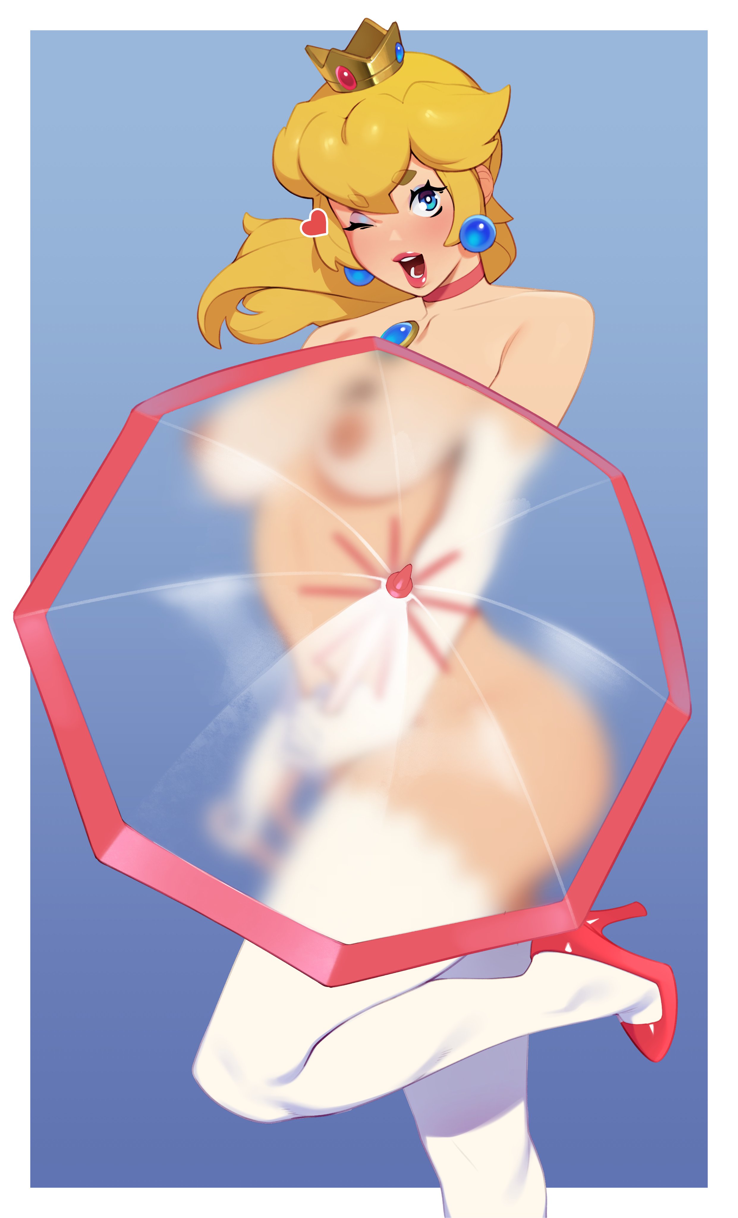 blonde hair, blue eyes, blush, breasts, choker, clavicle, clothing, combos-n-doodles, convenient censoring, crown, earrings, elbow gloves, female, footwear, gloves, headwear, high heels, high resolution, jewelry, large breasts, legwear, lips, lipstick, long hair, looking at viewer, makeup, mario (series), medium breasts, naked footwear, nipples, nude, one eye closed, open mouth, pink choker, pink lips, ponytail, princess peach, red footwear, see-through, shoes, smile, solo, sphere earrings, standing, standing on one leg, super mario bros., thighhighs, tied hair, transparent, very high resolution, white gloves, white legwear, white thighhighs